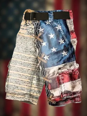 Men's Vintage Flag Independence Day Multi-Pocket Print Cargo Shorts (Belt Not Included)