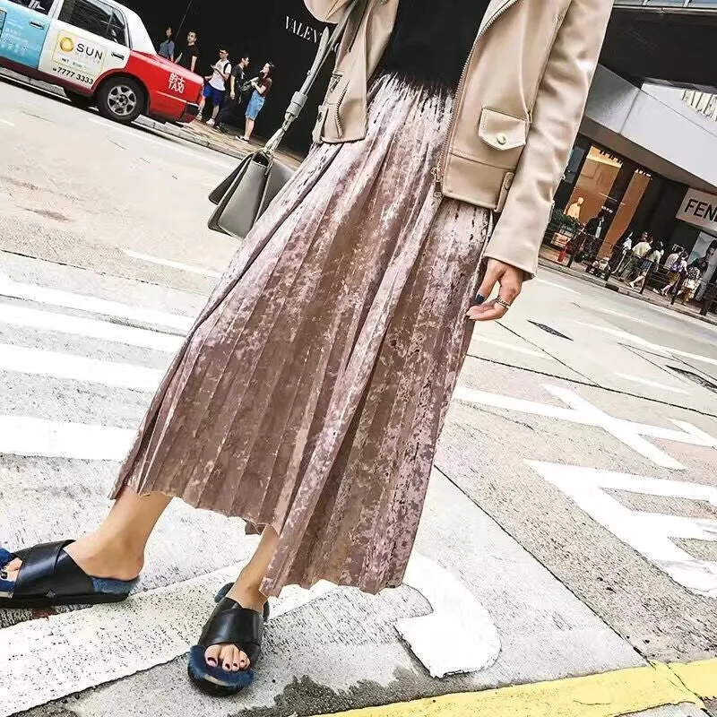 Metal Color Pleated Velvet Skirt Women High Waist Fashion Clothing