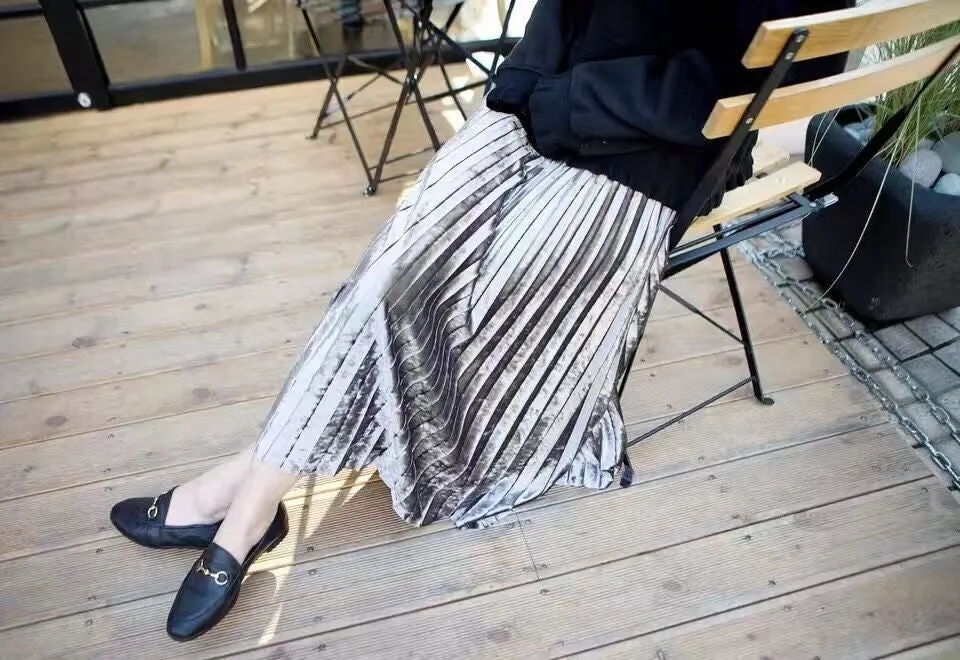 Metal Color Pleated Velvet Skirt Women High Waist Fashion Clothing
