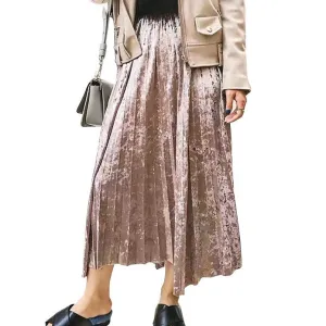 Metal Color Pleated Velvet Skirt Women High Waist Fashion Clothing