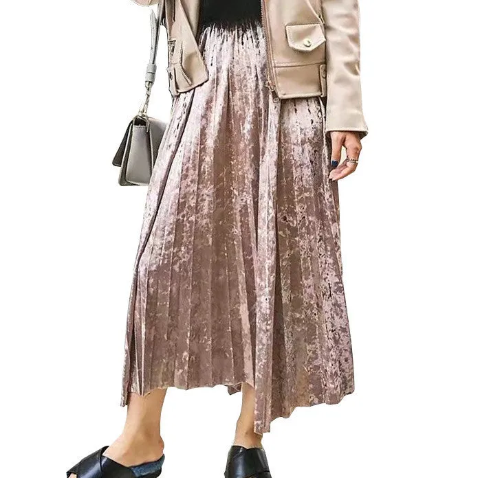 Metal Color Pleated Velvet Skirt Women High Waist Fashion Clothing