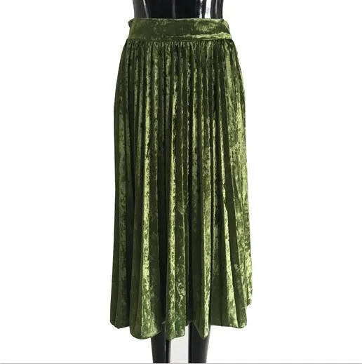 Metal Color Pleated Velvet Skirt Women High Waist Fashion Clothing