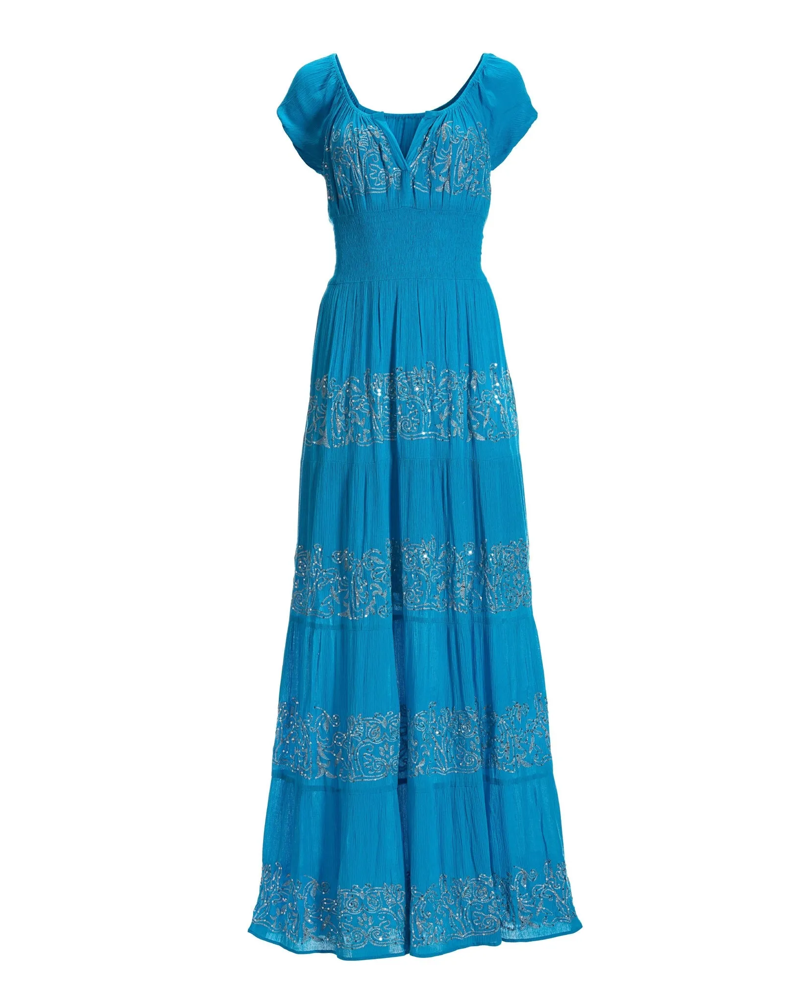 Metallic Detail Tiered Peasant Maxi Dress Blue Danube