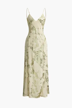 Metallic Print V Neck Backless Tight Slip Maxi Dress