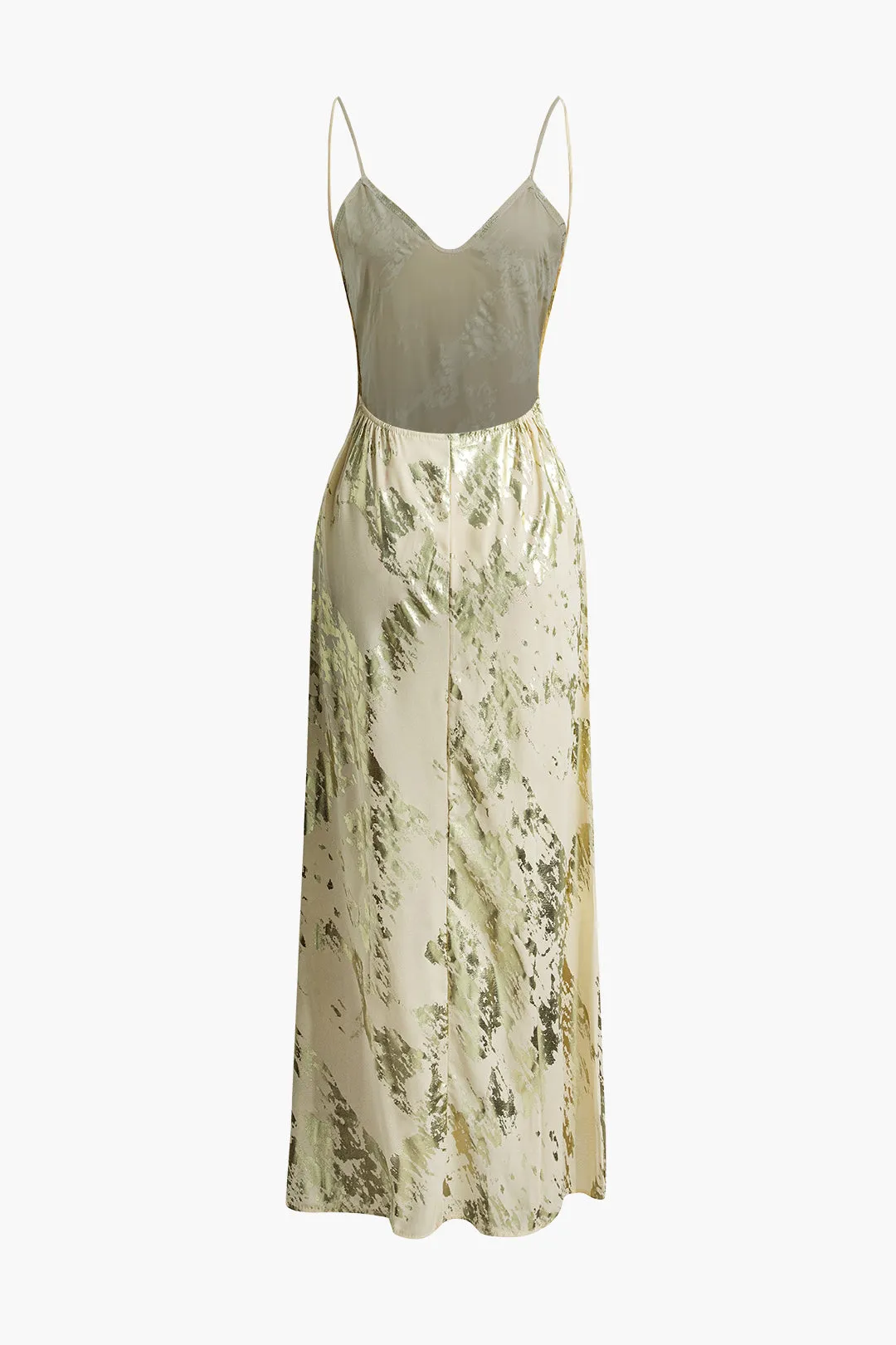Metallic Print V Neck Backless Tight Slip Maxi Dress