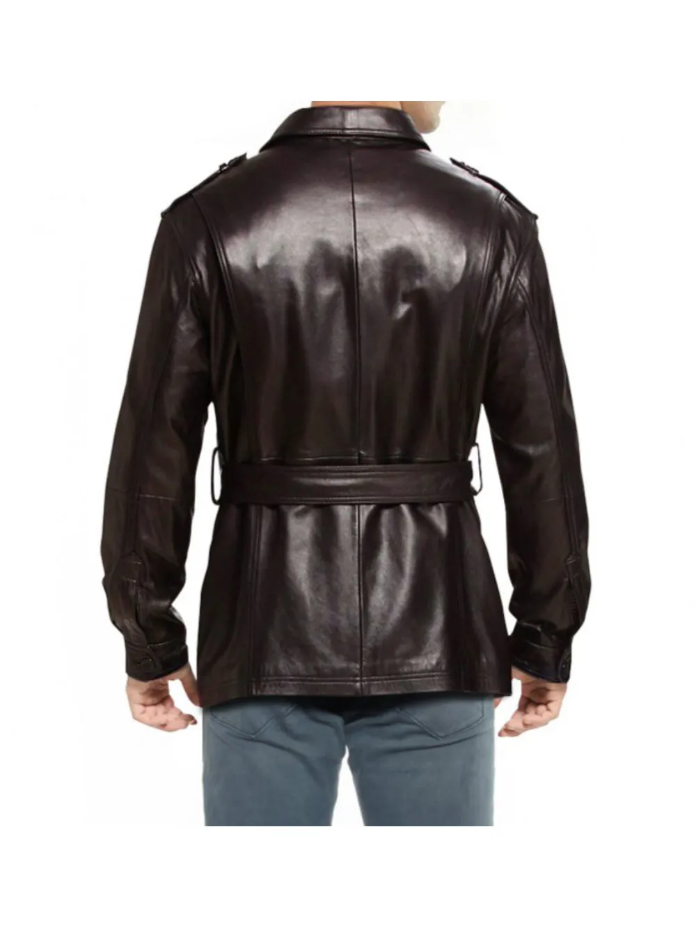 Military Belted Trench Leather Coat for Men