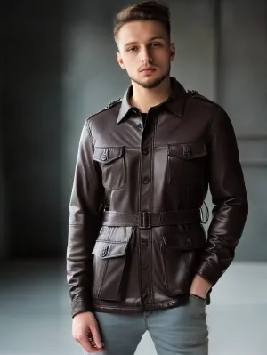 Military Belted Trench Leather Coat for Men