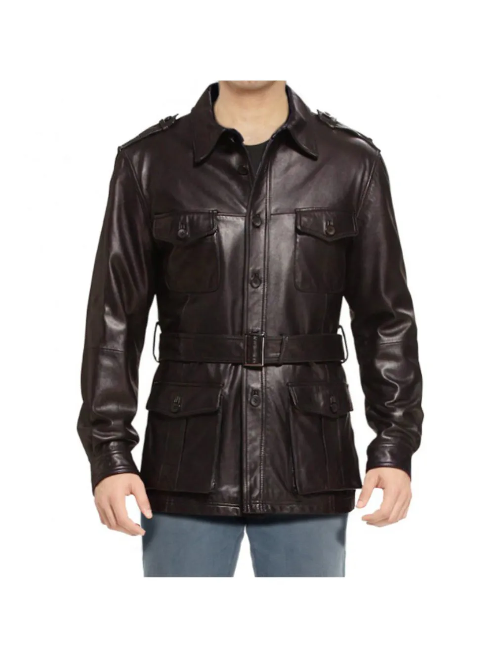 Military Belted Trench Leather Coat for Men