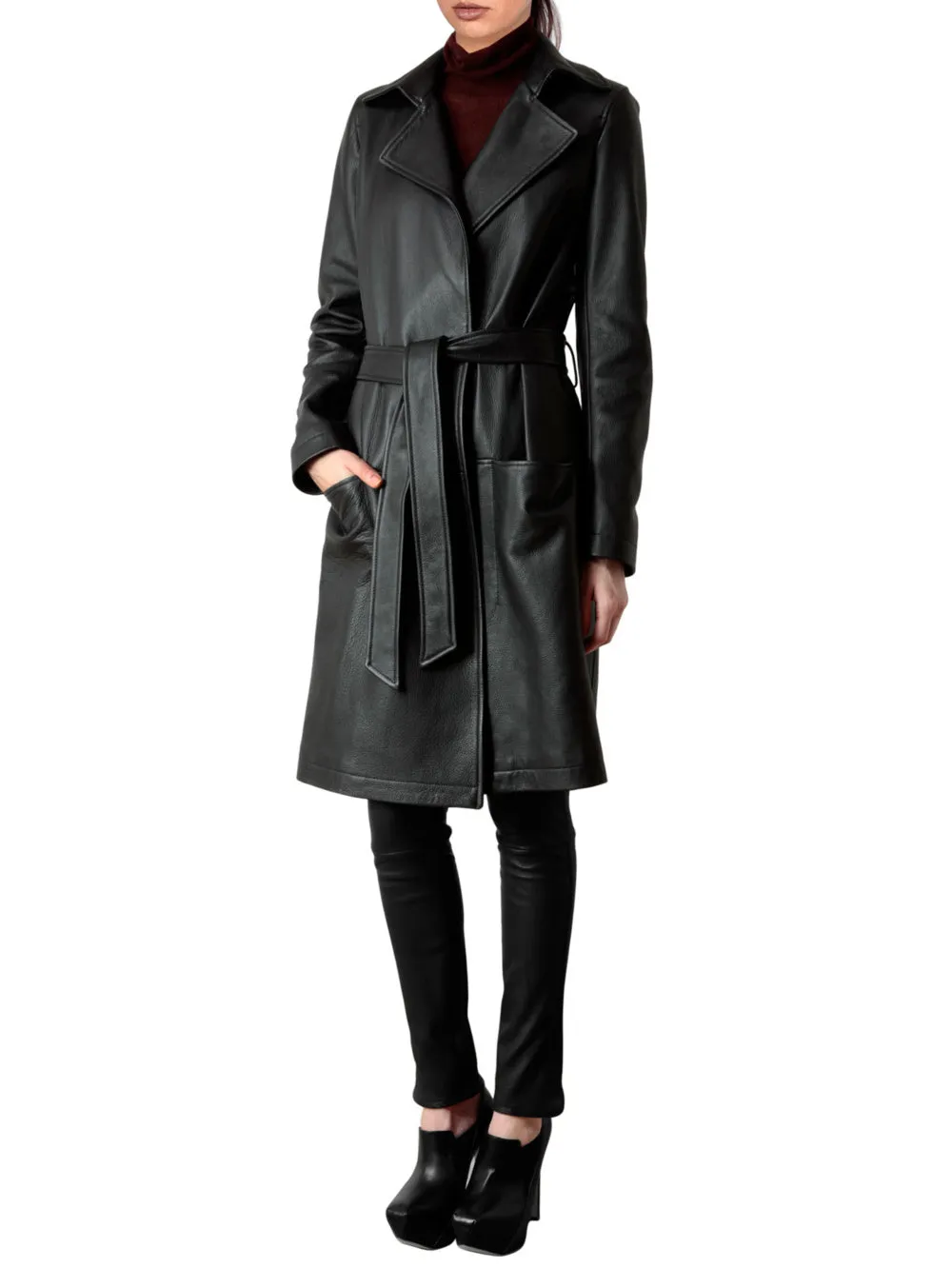Modish Belted Leather Coat for Women