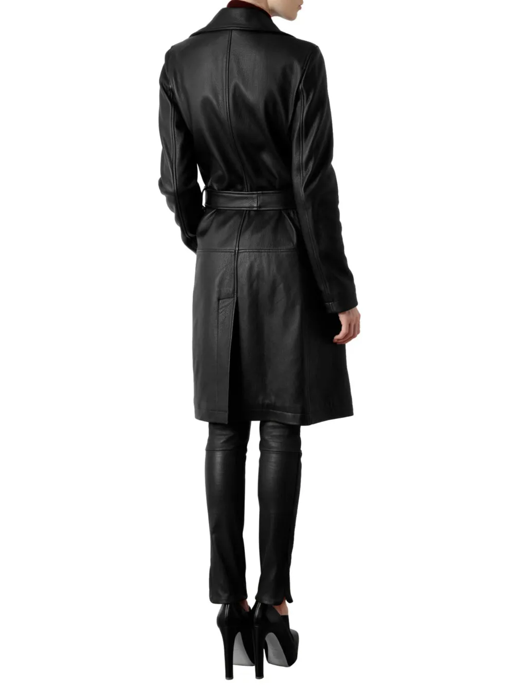 Modish Belted Leather Coat for Women