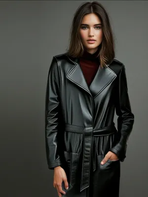 Modish Belted Leather Coat for Women
