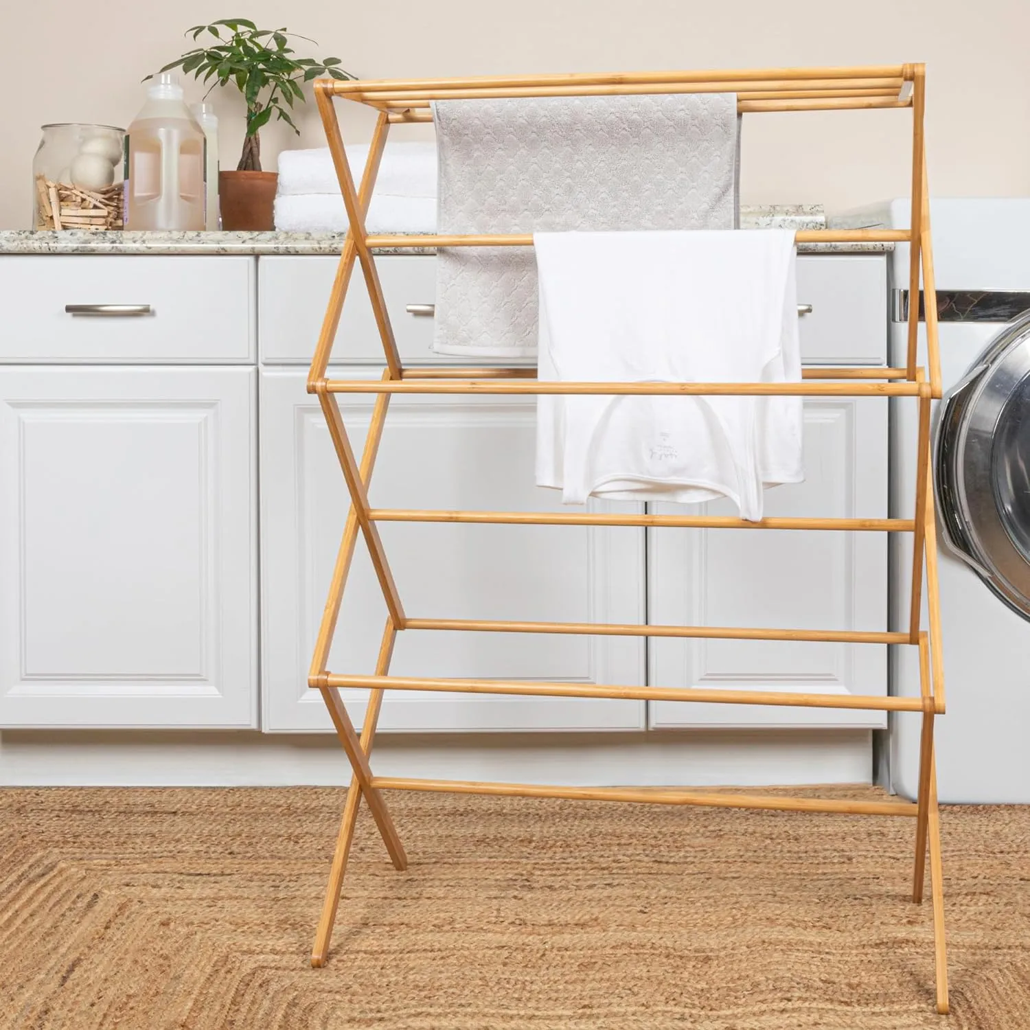 NEW Household Essentials Tall Indoor Folding Wooden Clothes Drying Rack | Dry Laundry and Hang Clothes | Bamboo, Retails $109