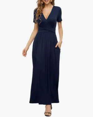 NEW Ouges Women's Empire Waist Deep V Neck Maxi Dress Short Sleeve Loose Long Casual Dresses with Pockets - Navy - Sz XL