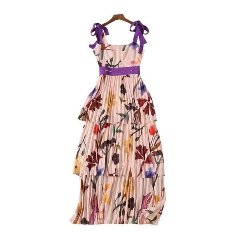 New Print Strap Sleeveless High Waist Floor Length Pleated Layered Maxi Dress