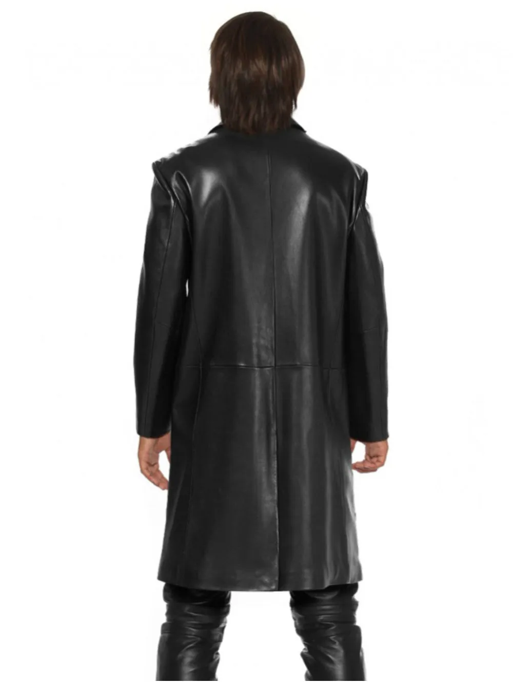 Notched Lapel Long Buttoned Leather Coat for Men