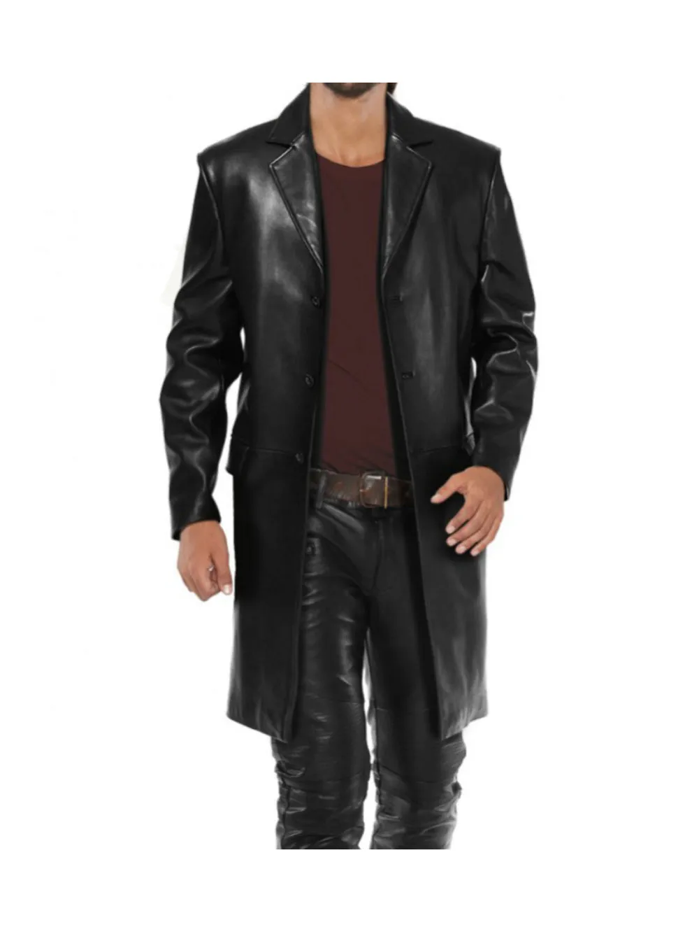 Notched Lapel Long Buttoned Leather Coat for Men
