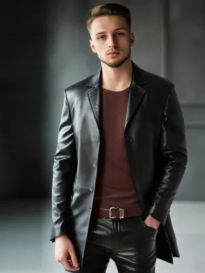 Notched Lapel Long Buttoned Leather Coat for Men