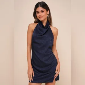 NWT Lulu’s Simply a Stunner Navy Jacquard Cowl Backless Mini Dress XL