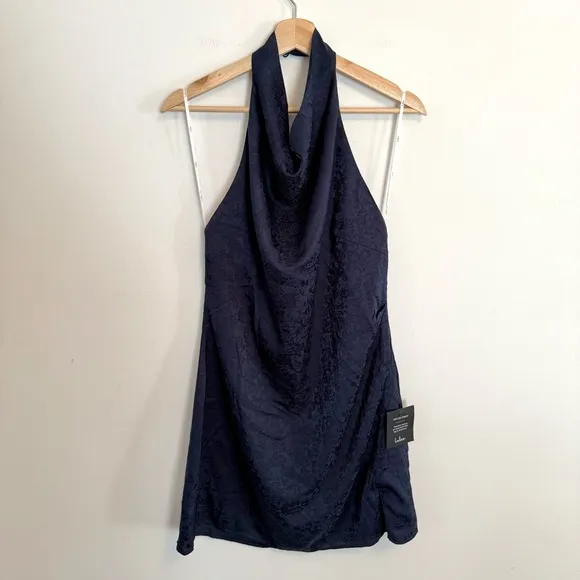 NWT Lulu’s Simply a Stunner Navy Jacquard Cowl Backless Mini Dress XL