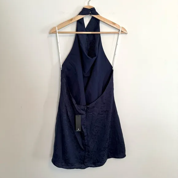 NWT Lulu’s Simply a Stunner Navy Jacquard Cowl Backless Mini Dress XL