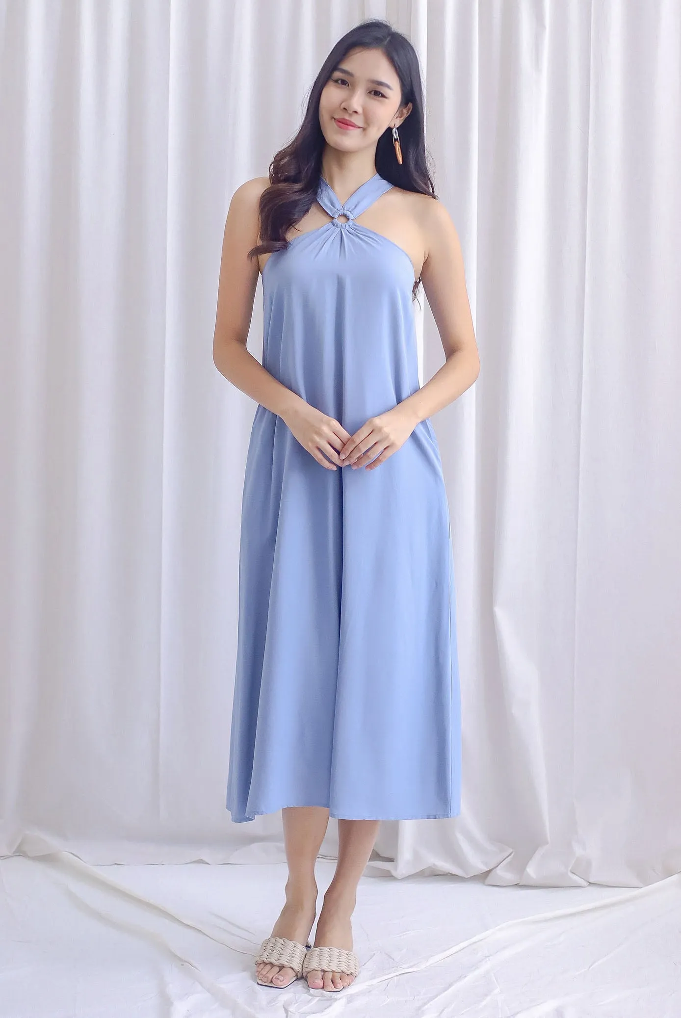 Ofelia Halter Loop Maxi Dress In Steel Blue