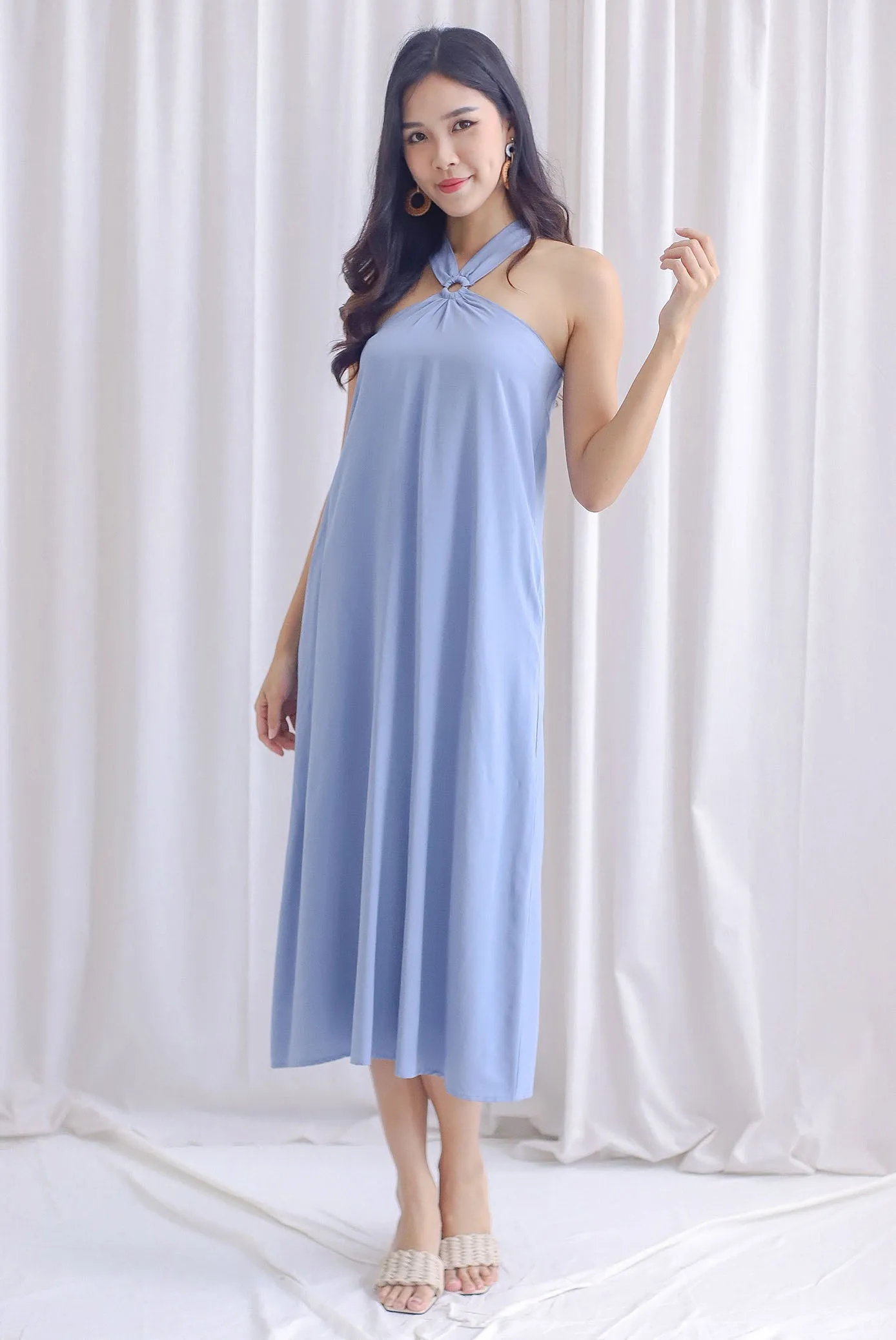 Ofelia Halter Loop Maxi Dress In Steel Blue
