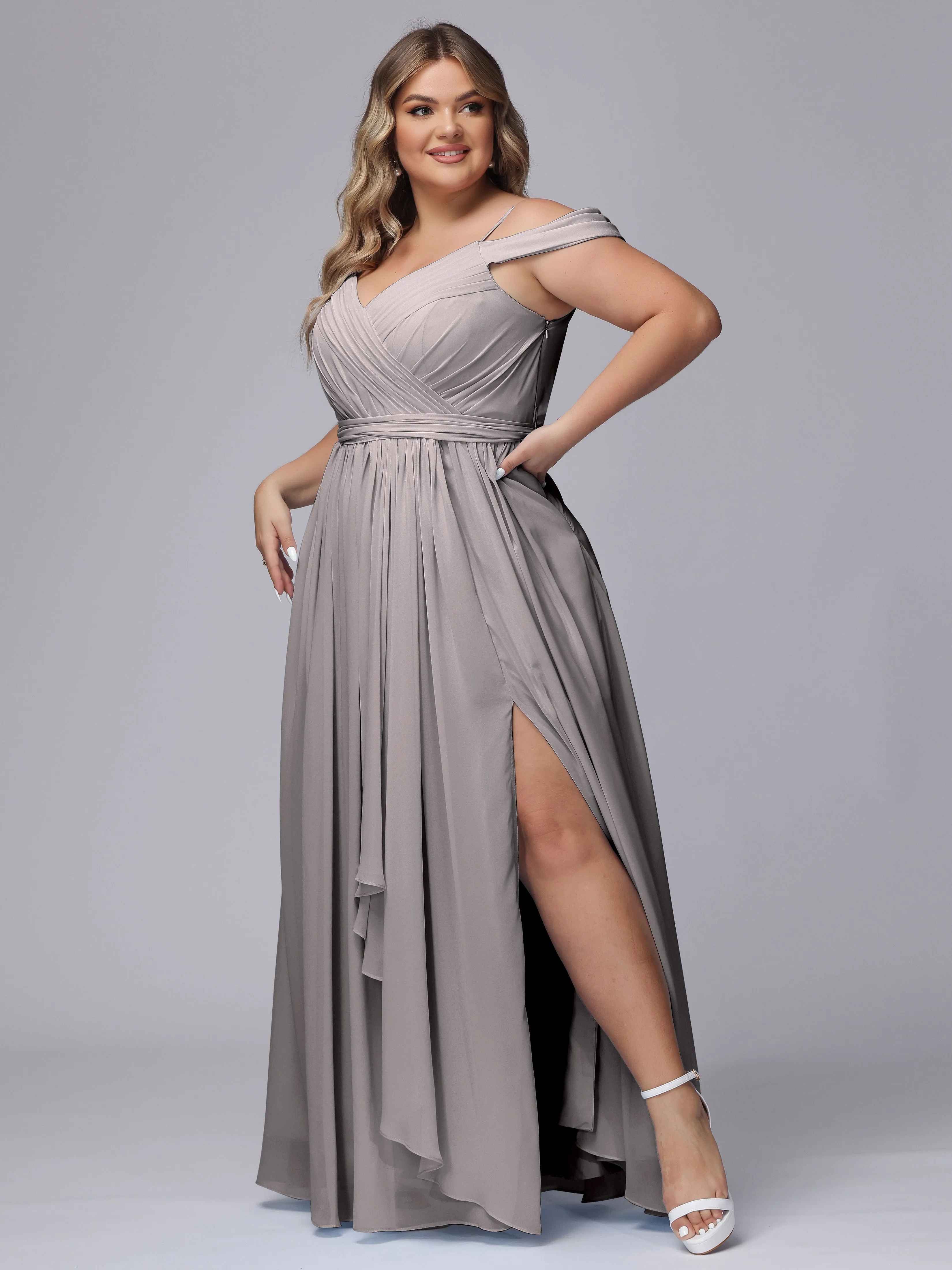 Off The Shoulder Chiffon Plus Size  Long Bridesmaid Dresses