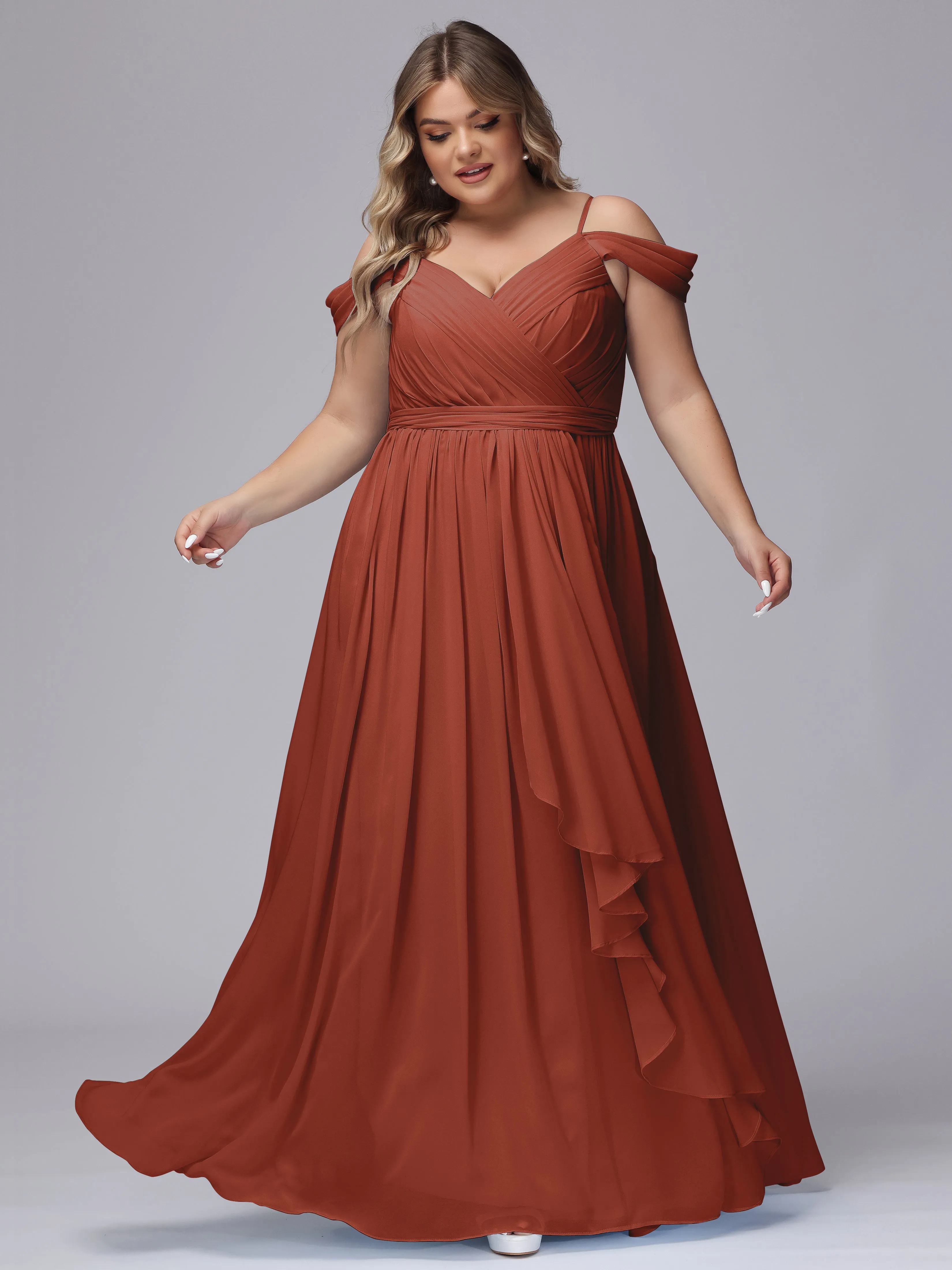 Off The Shoulder Chiffon Plus Size  Long Bridesmaid Dresses