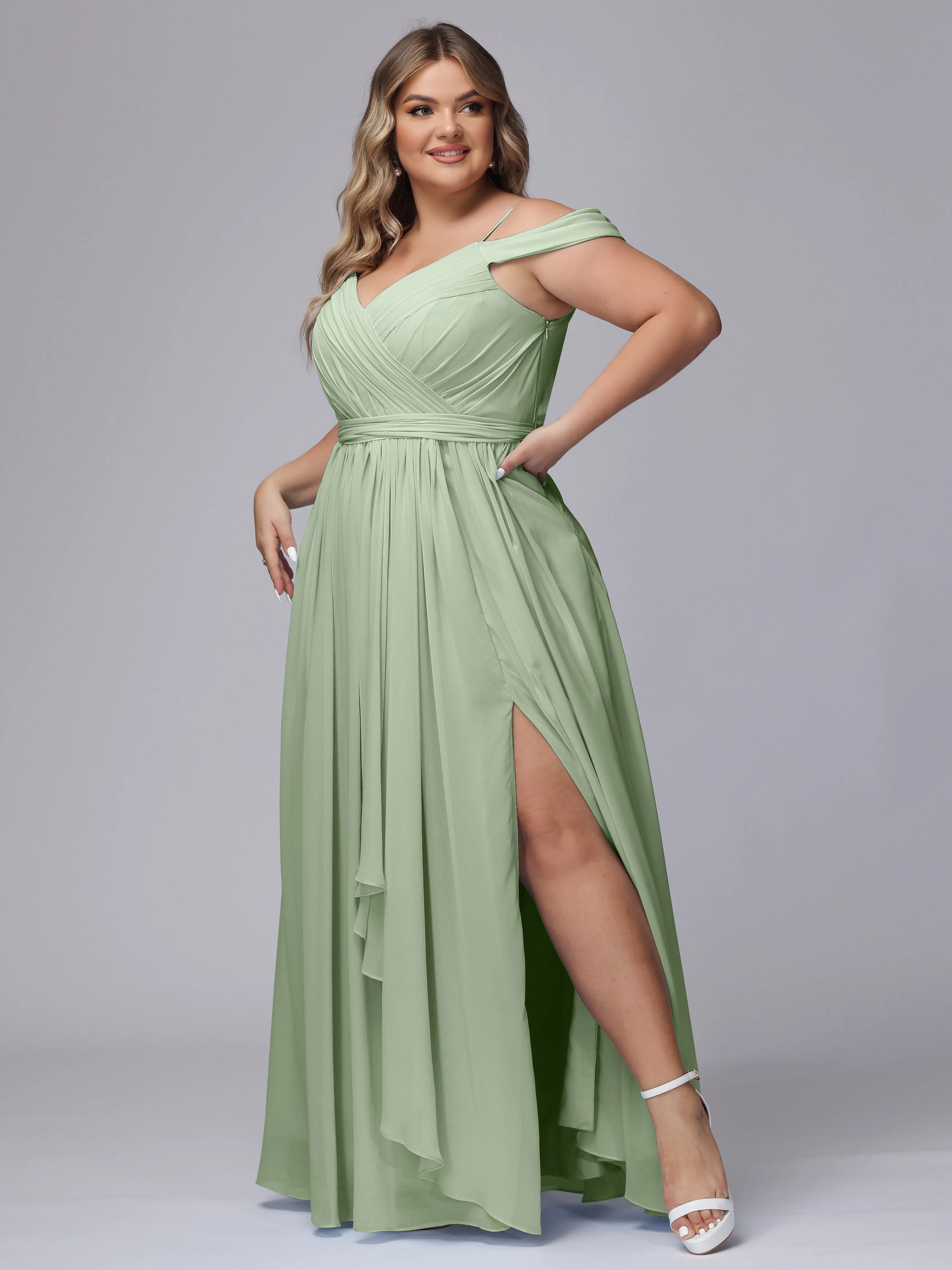 Off The Shoulder Chiffon Plus Size  Long Bridesmaid Dresses