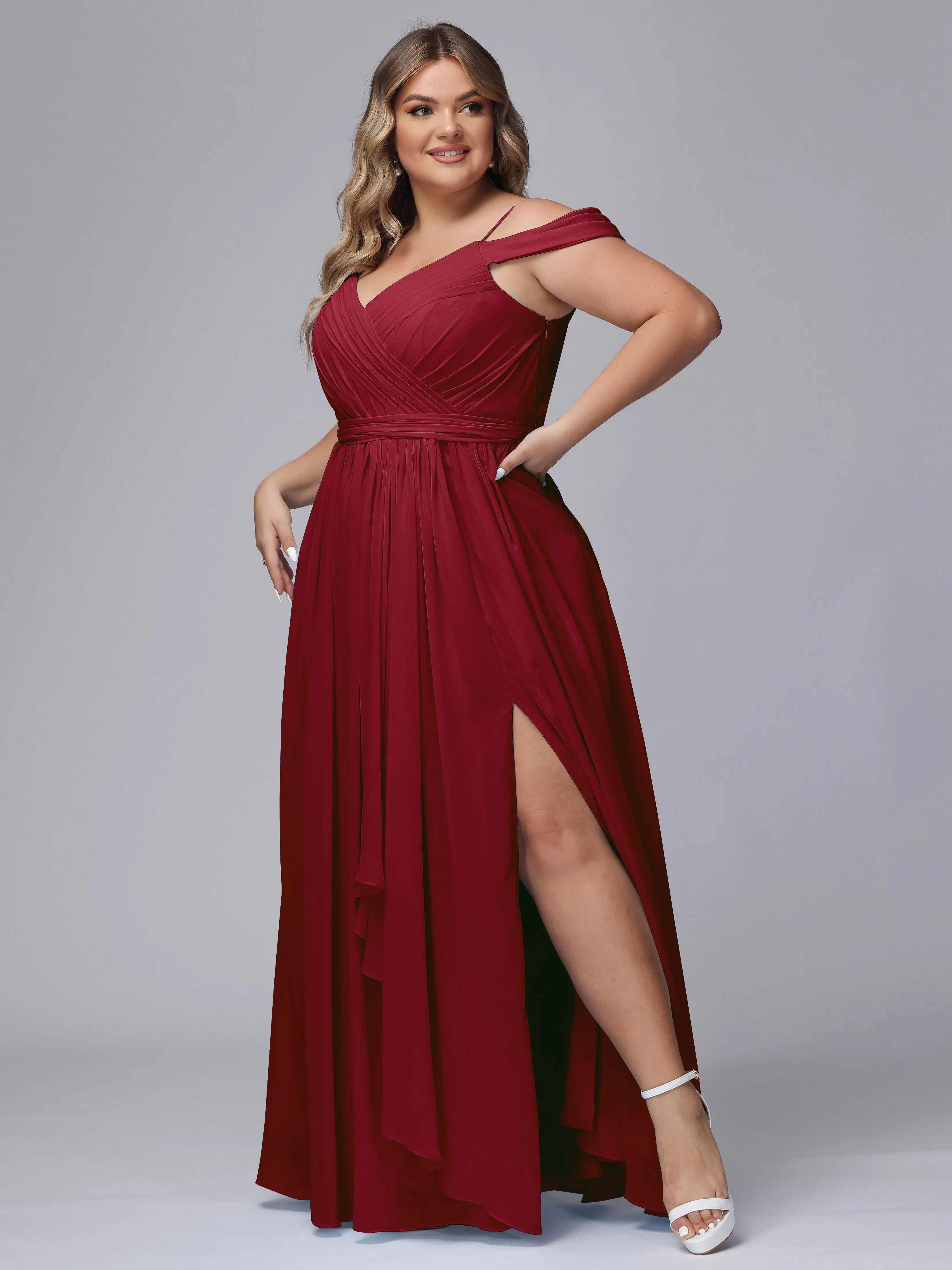 Off The Shoulder Chiffon Plus Size  Long Bridesmaid Dresses