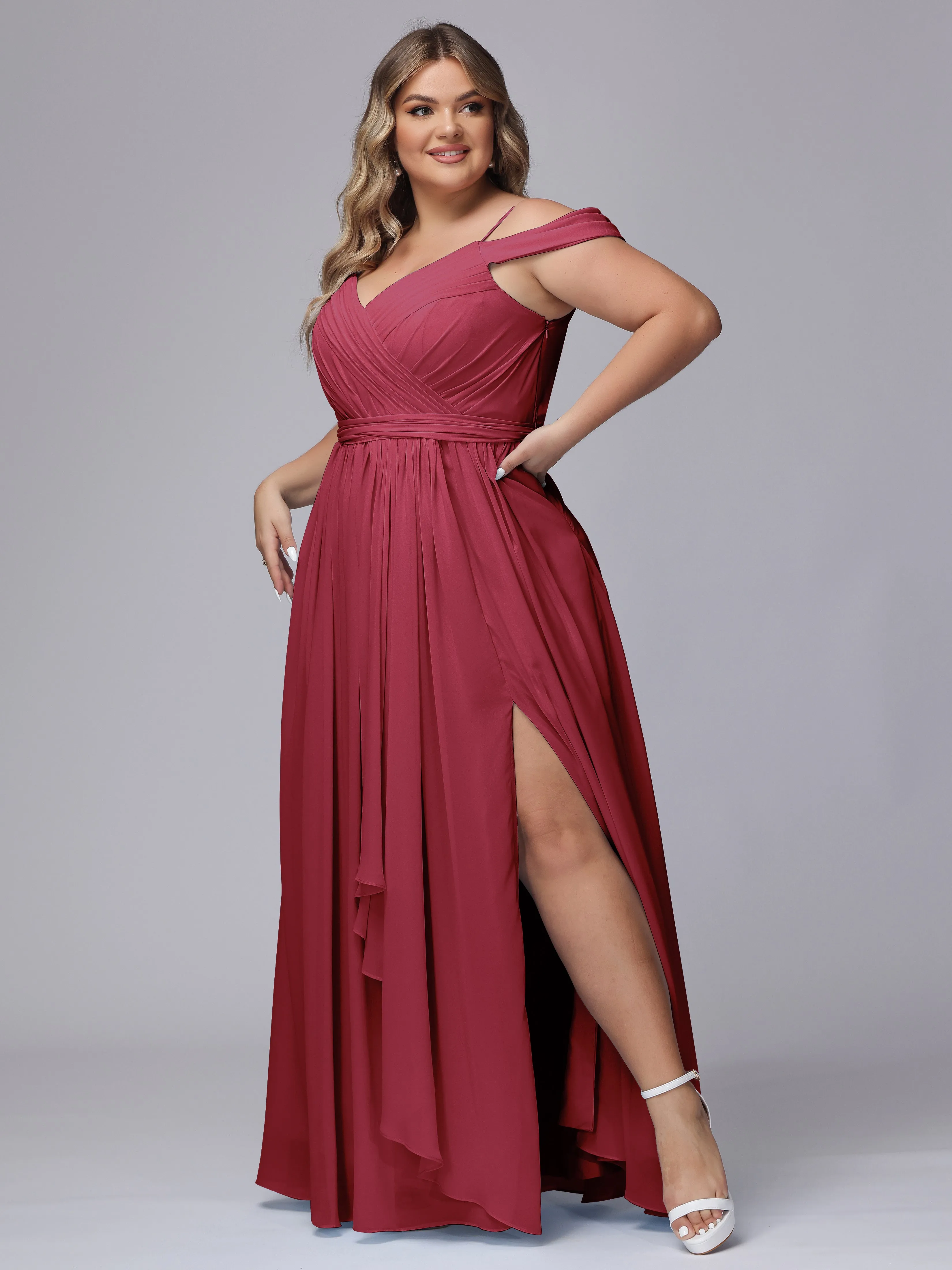 Off The Shoulder Chiffon Plus Size  Long Bridesmaid Dresses