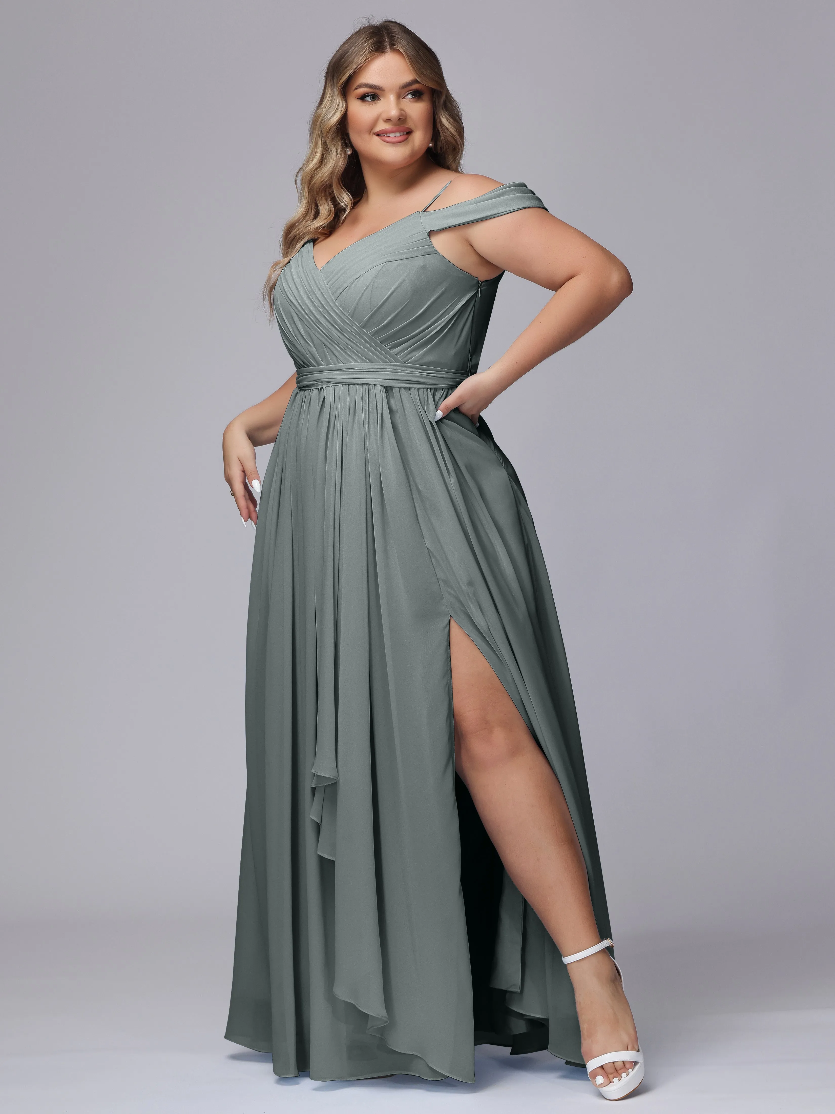 Off The Shoulder Chiffon Plus Size  Long Bridesmaid Dresses