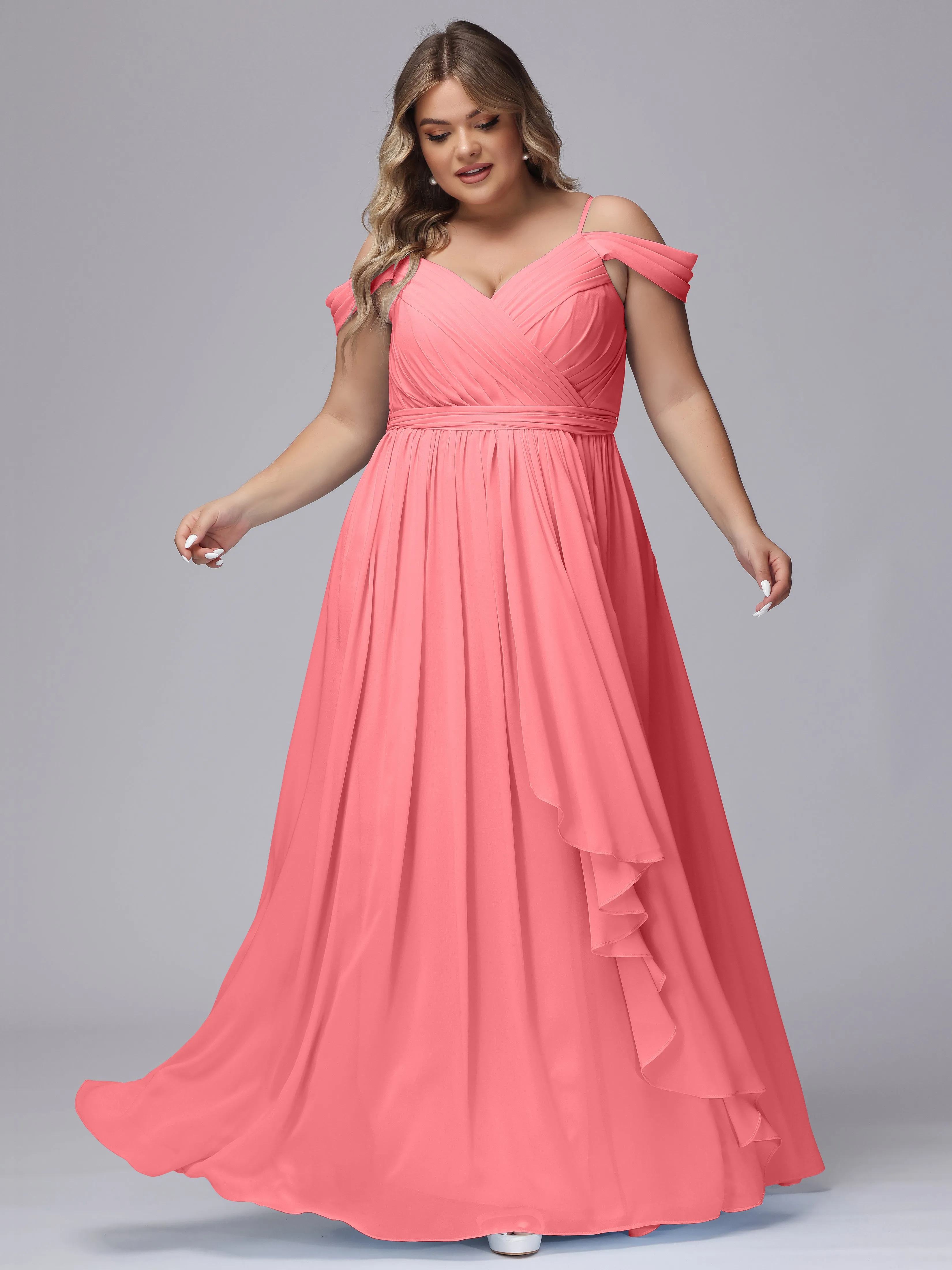 Off The Shoulder Chiffon Plus Size  Long Bridesmaid Dresses