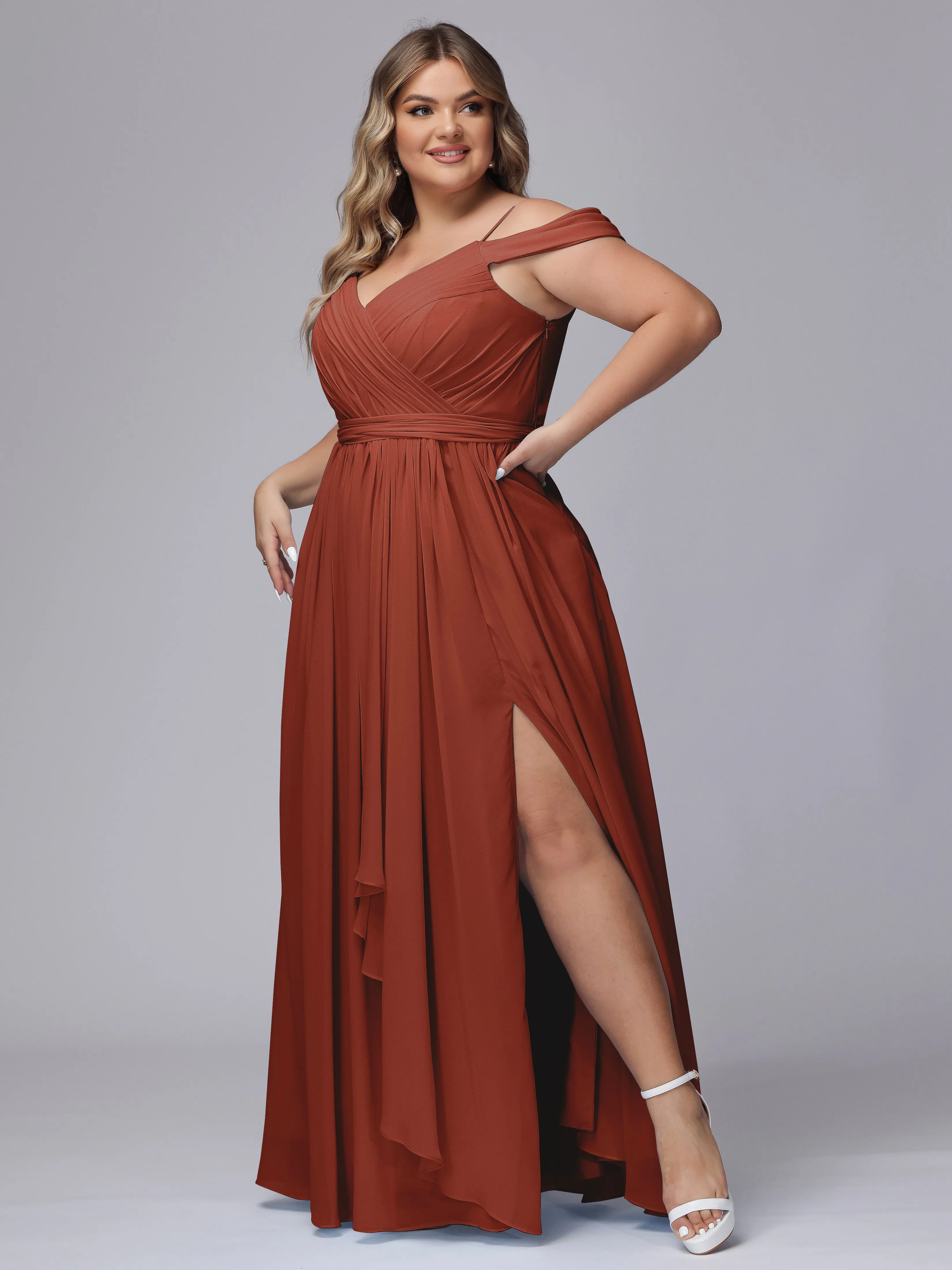 Off The Shoulder Chiffon Plus Size  Long Bridesmaid Dresses