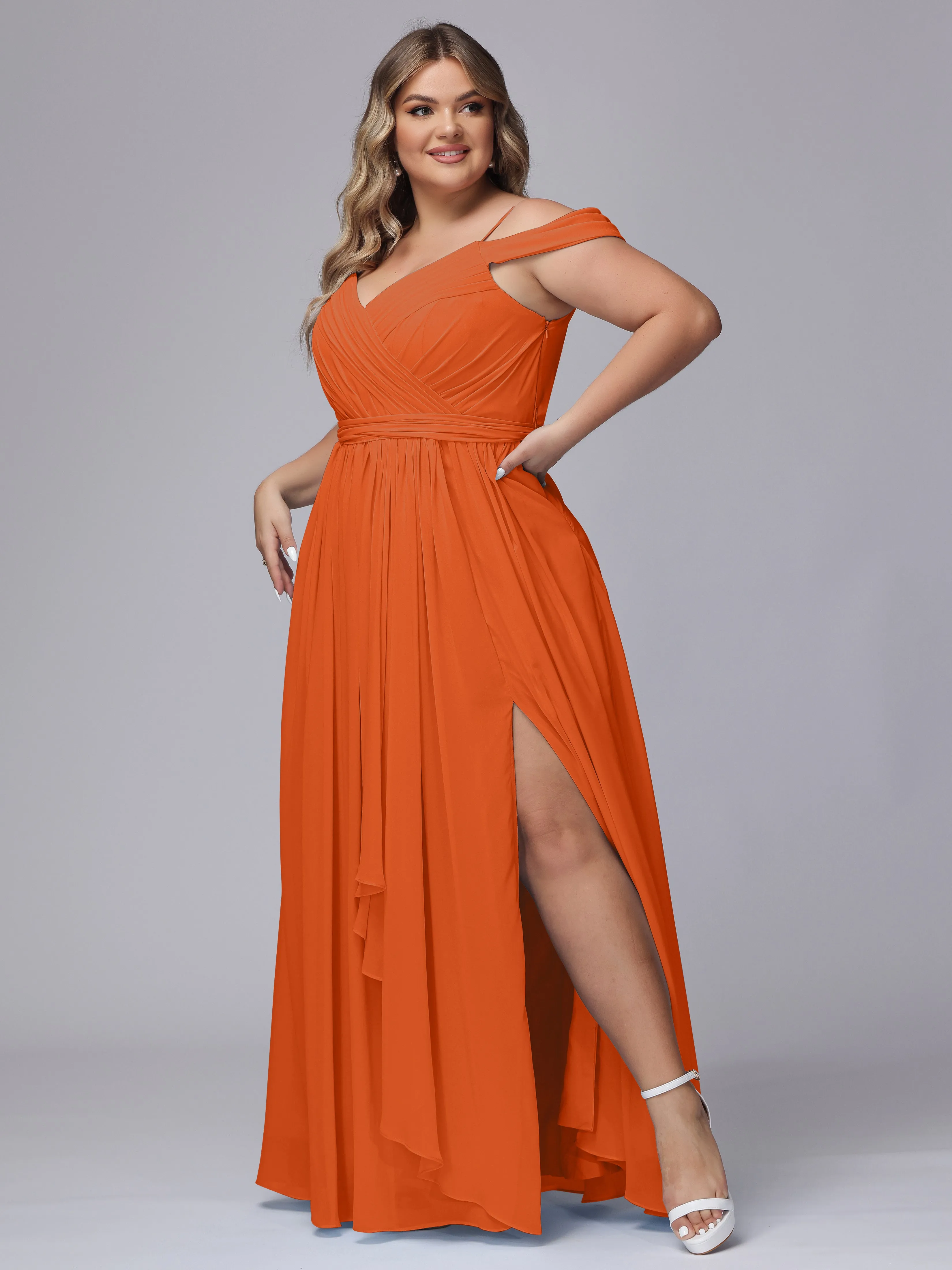Off The Shoulder Chiffon Plus Size  Long Bridesmaid Dresses