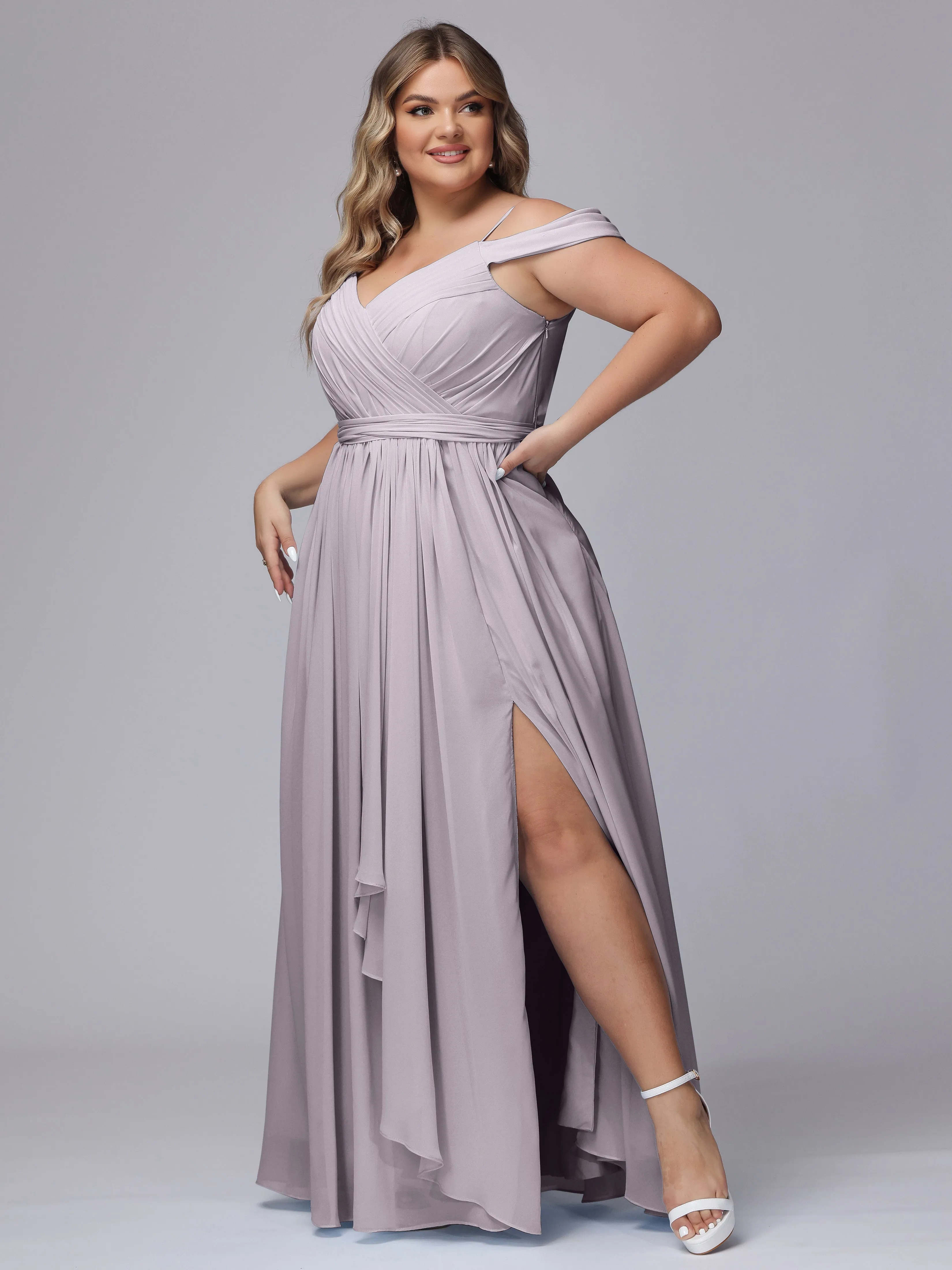 Off The Shoulder Chiffon Plus Size  Long Bridesmaid Dresses