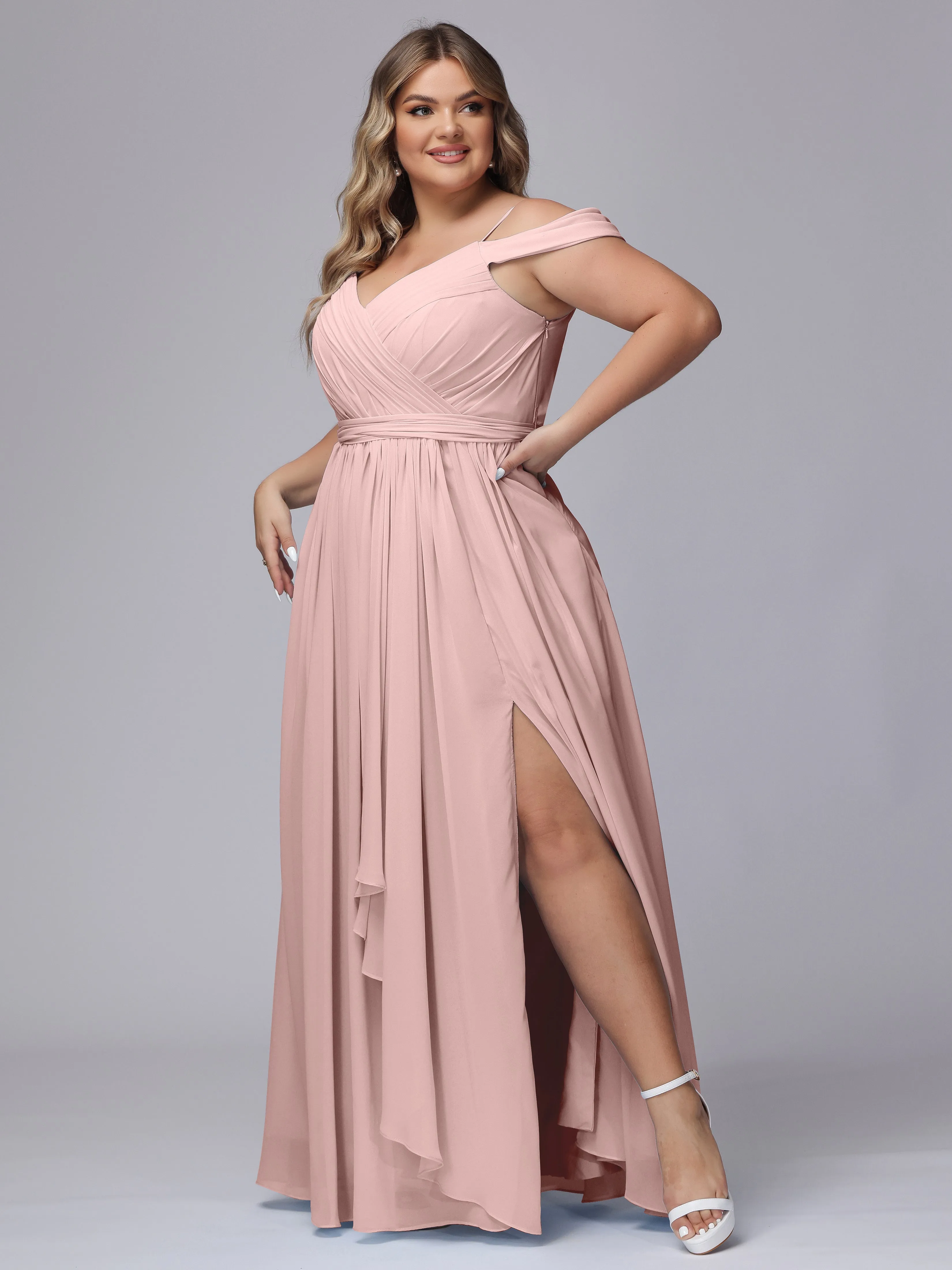 Off The Shoulder Chiffon Plus Size  Long Bridesmaid Dresses