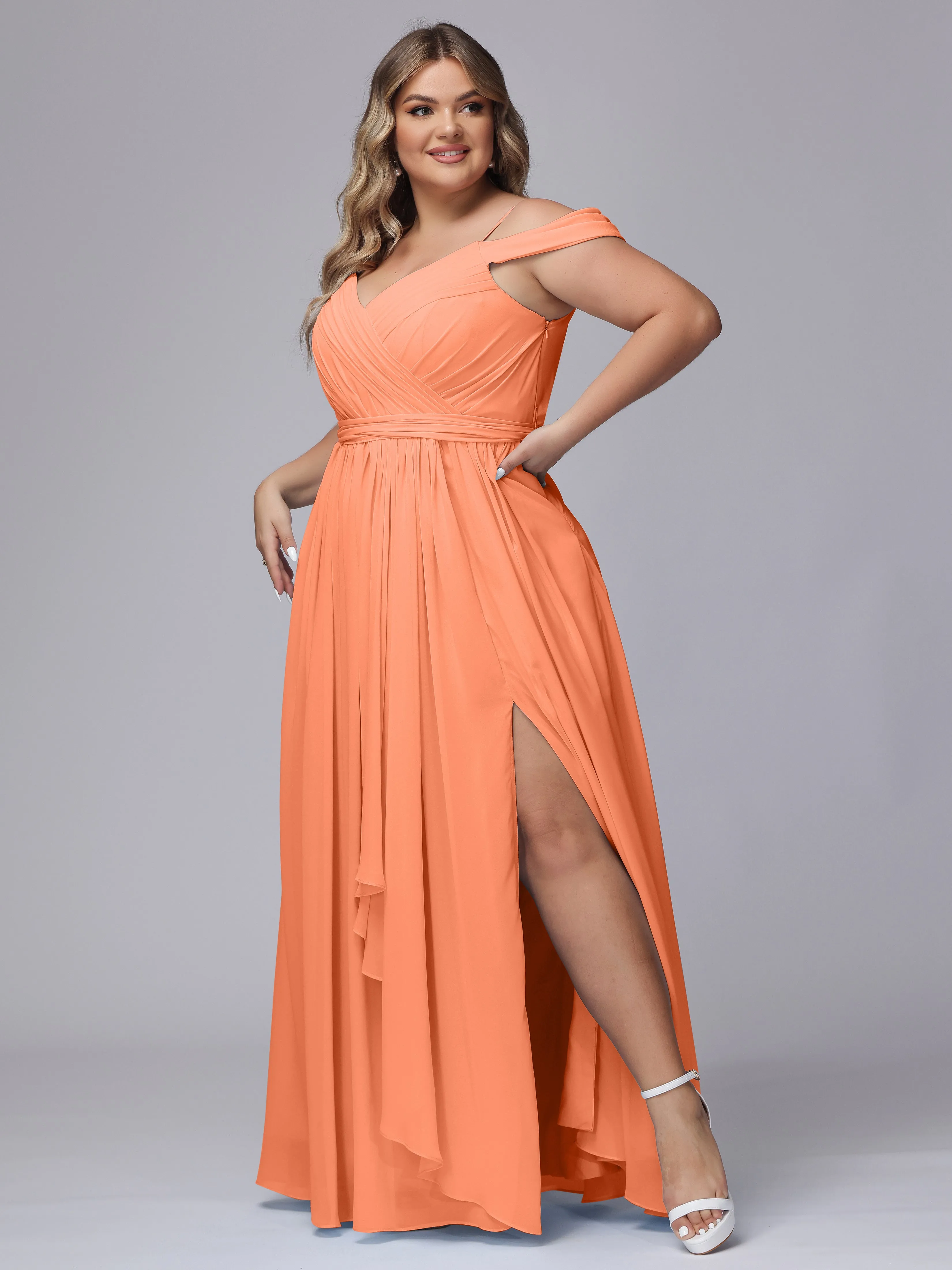 Off The Shoulder Chiffon Plus Size  Long Bridesmaid Dresses