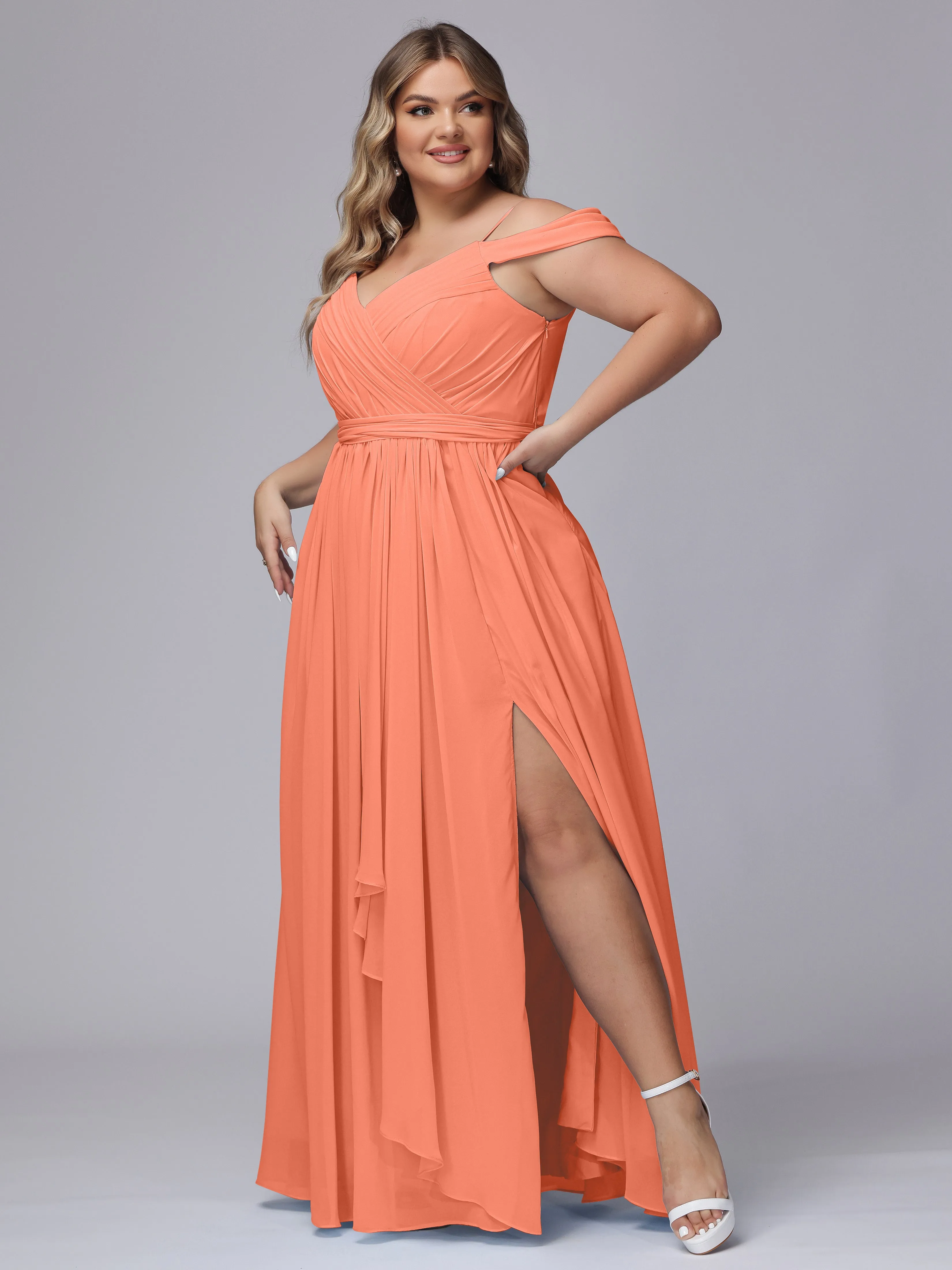 Off The Shoulder Chiffon Plus Size  Long Bridesmaid Dresses