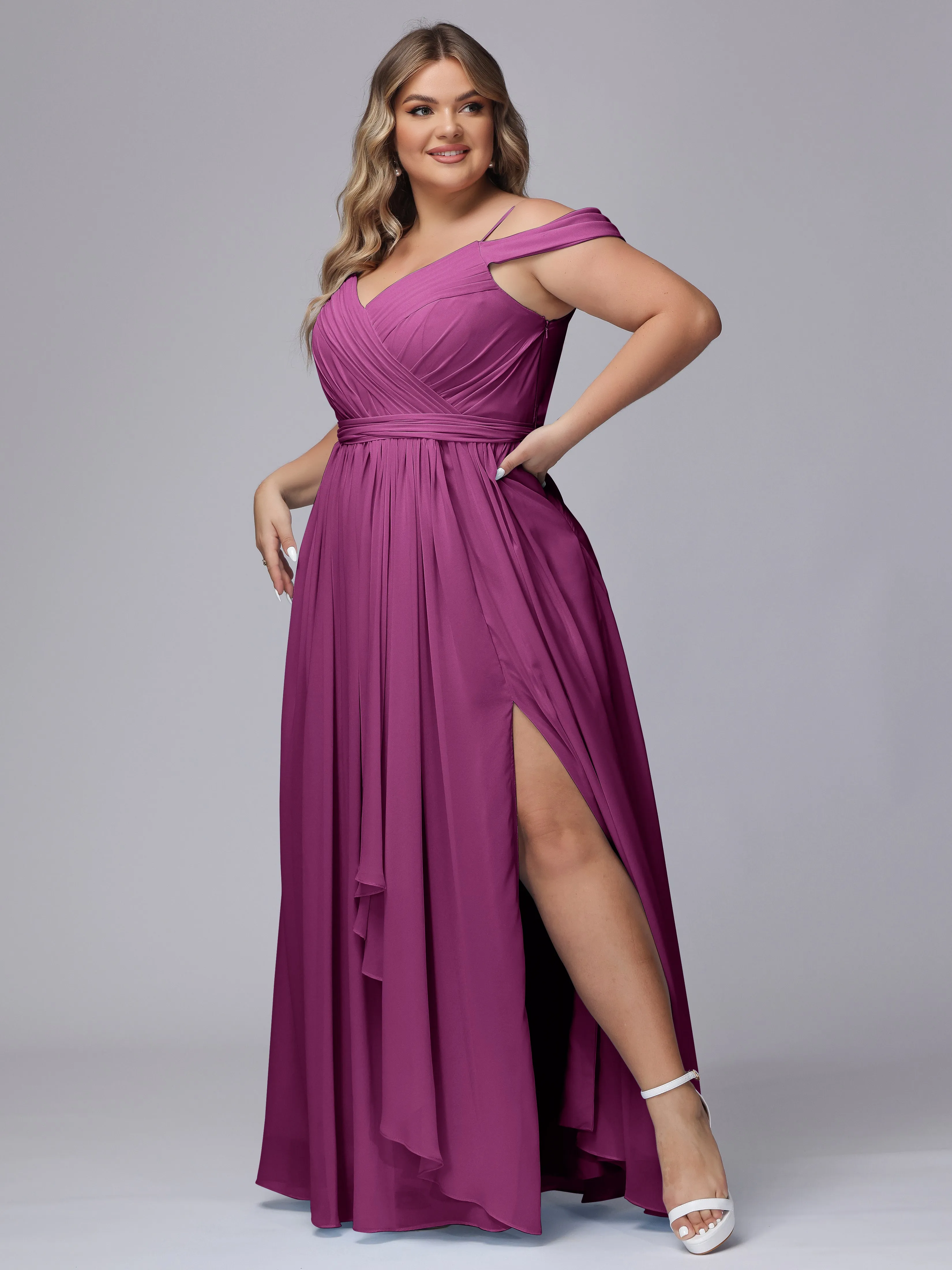 Off The Shoulder Chiffon Plus Size  Long Bridesmaid Dresses