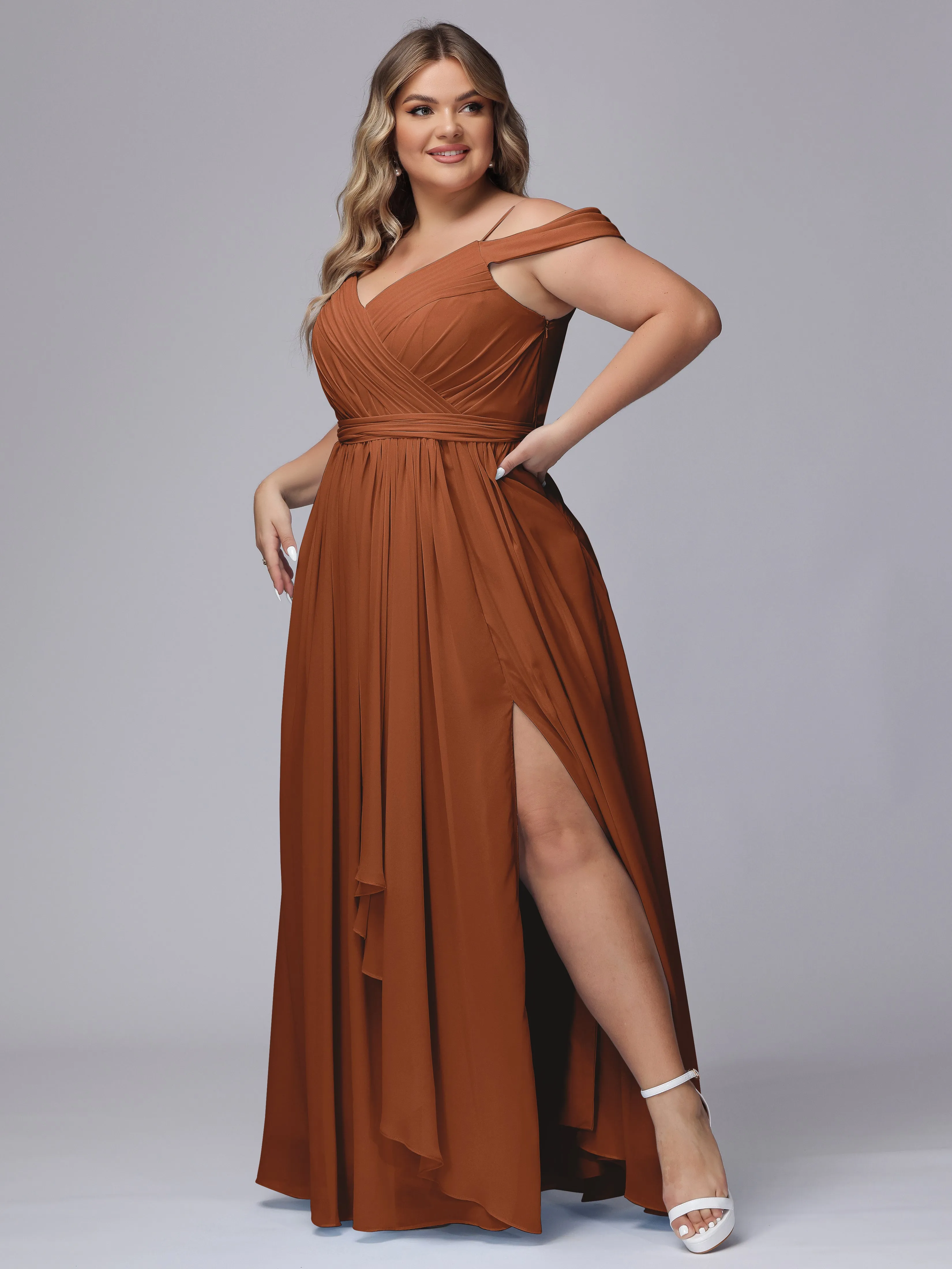Off The Shoulder Chiffon Plus Size  Long Bridesmaid Dresses