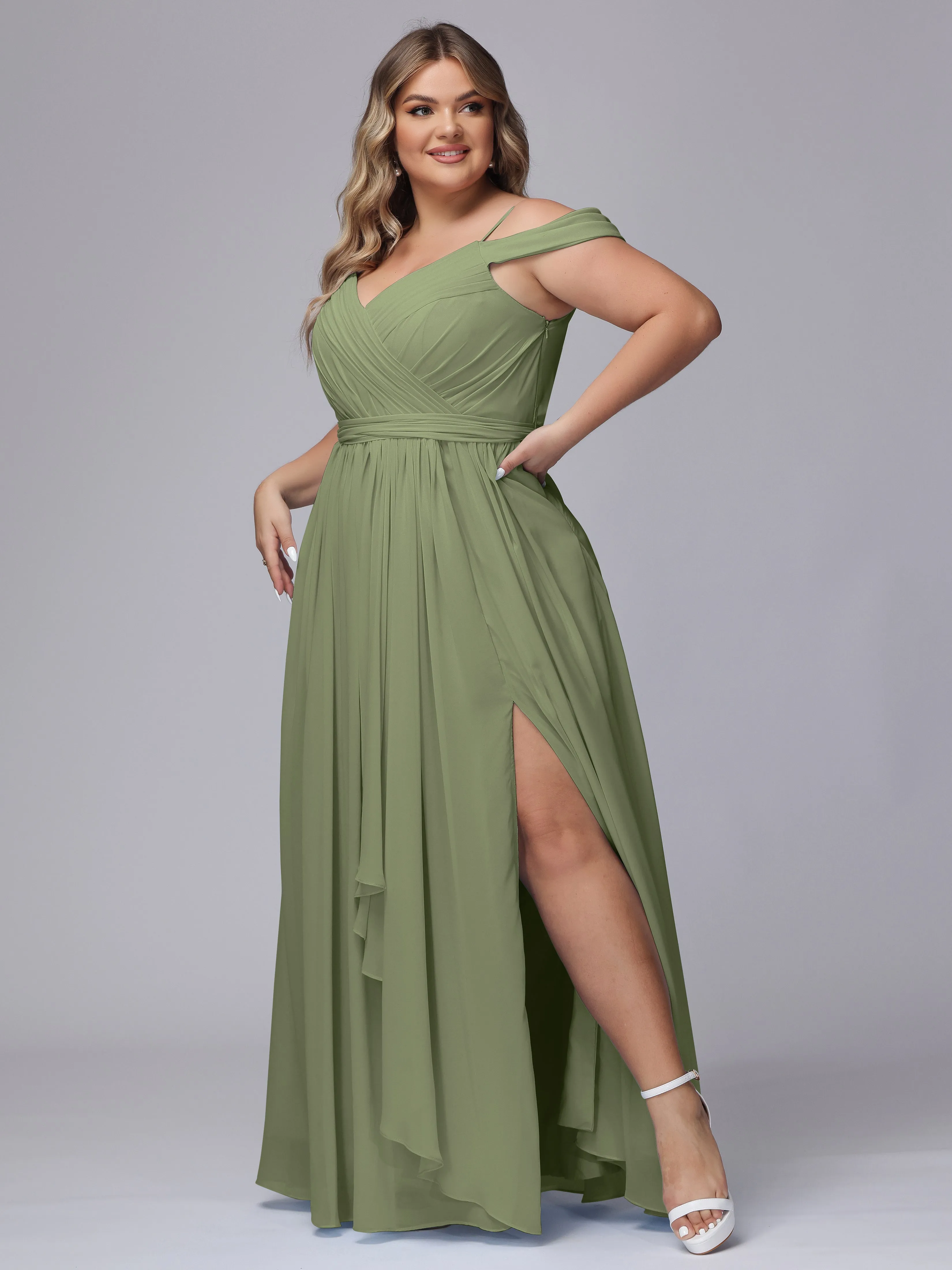 Off The Shoulder Chiffon Plus Size  Long Bridesmaid Dresses