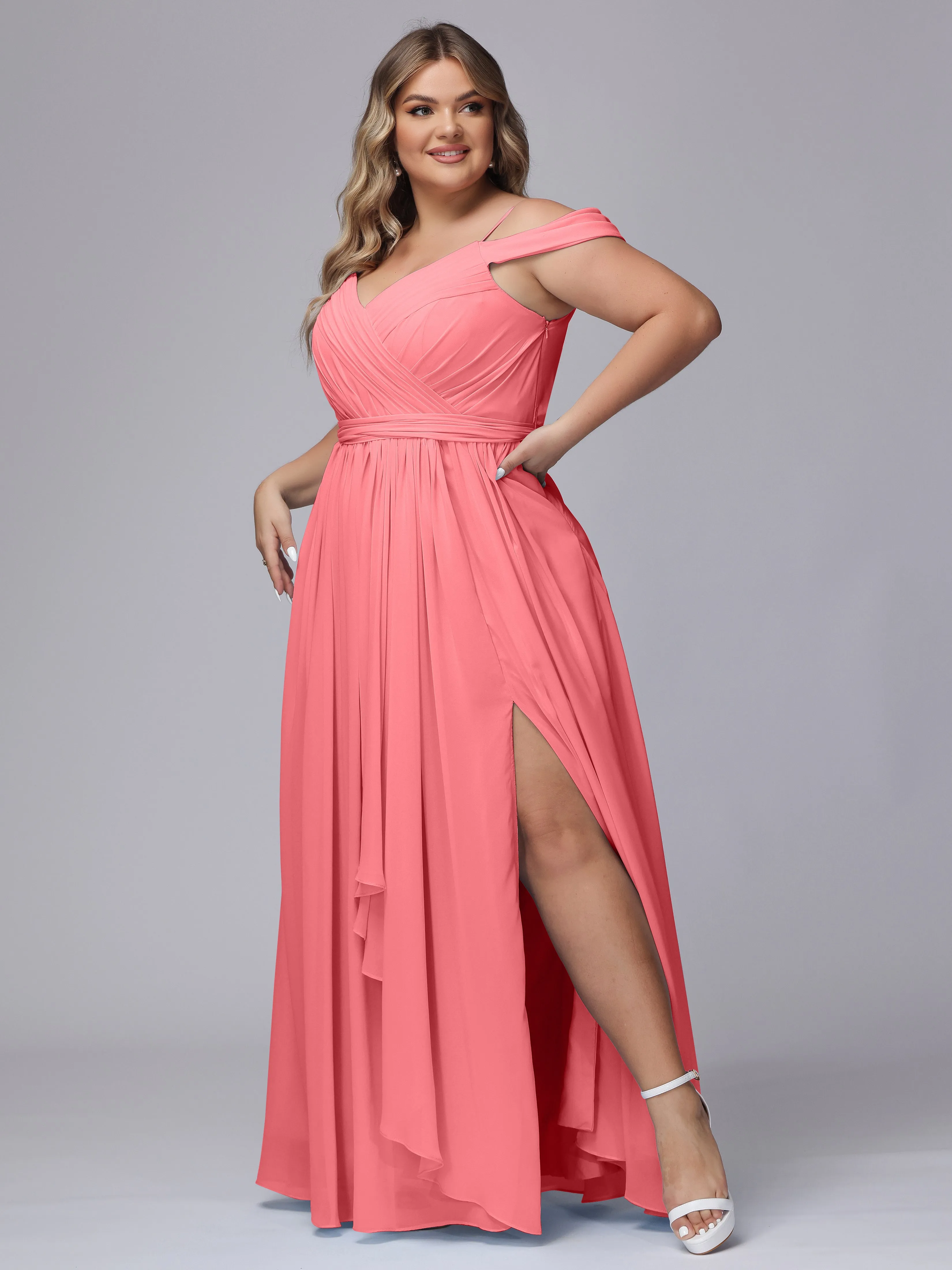 Off The Shoulder Chiffon Plus Size  Long Bridesmaid Dresses