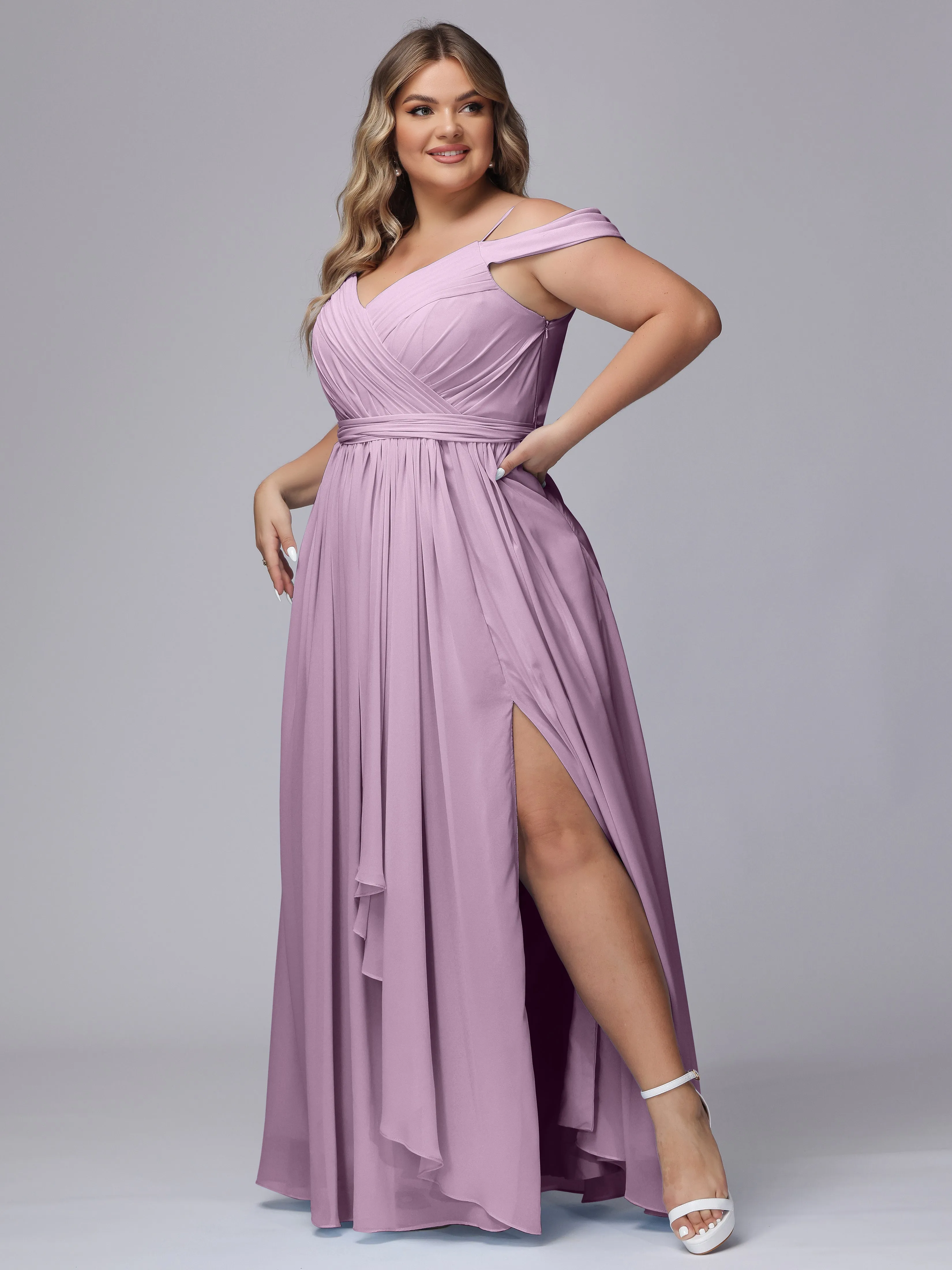 Off The Shoulder Chiffon Plus Size  Long Bridesmaid Dresses
