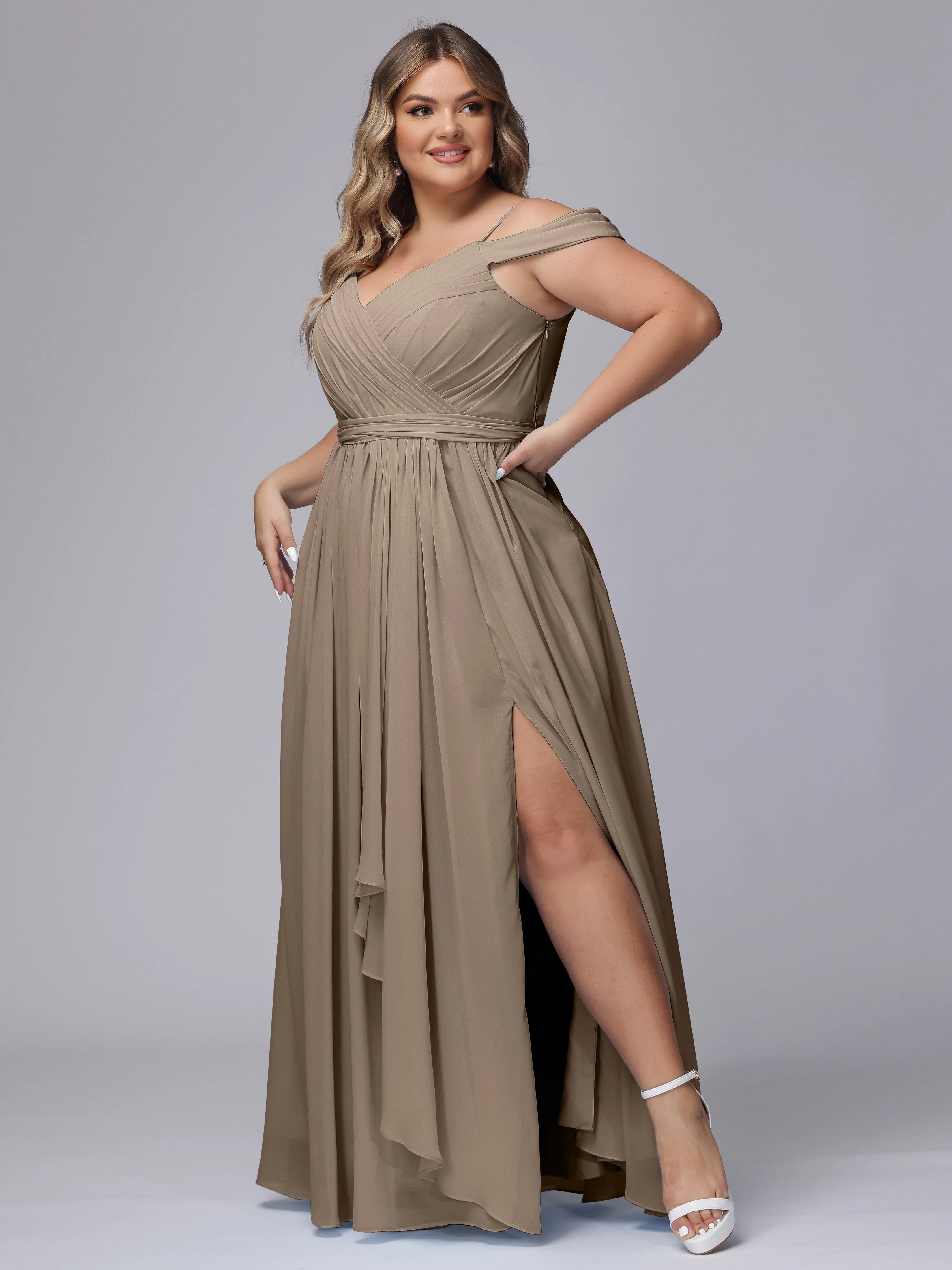 Off The Shoulder Chiffon Plus Size  Long Bridesmaid Dresses