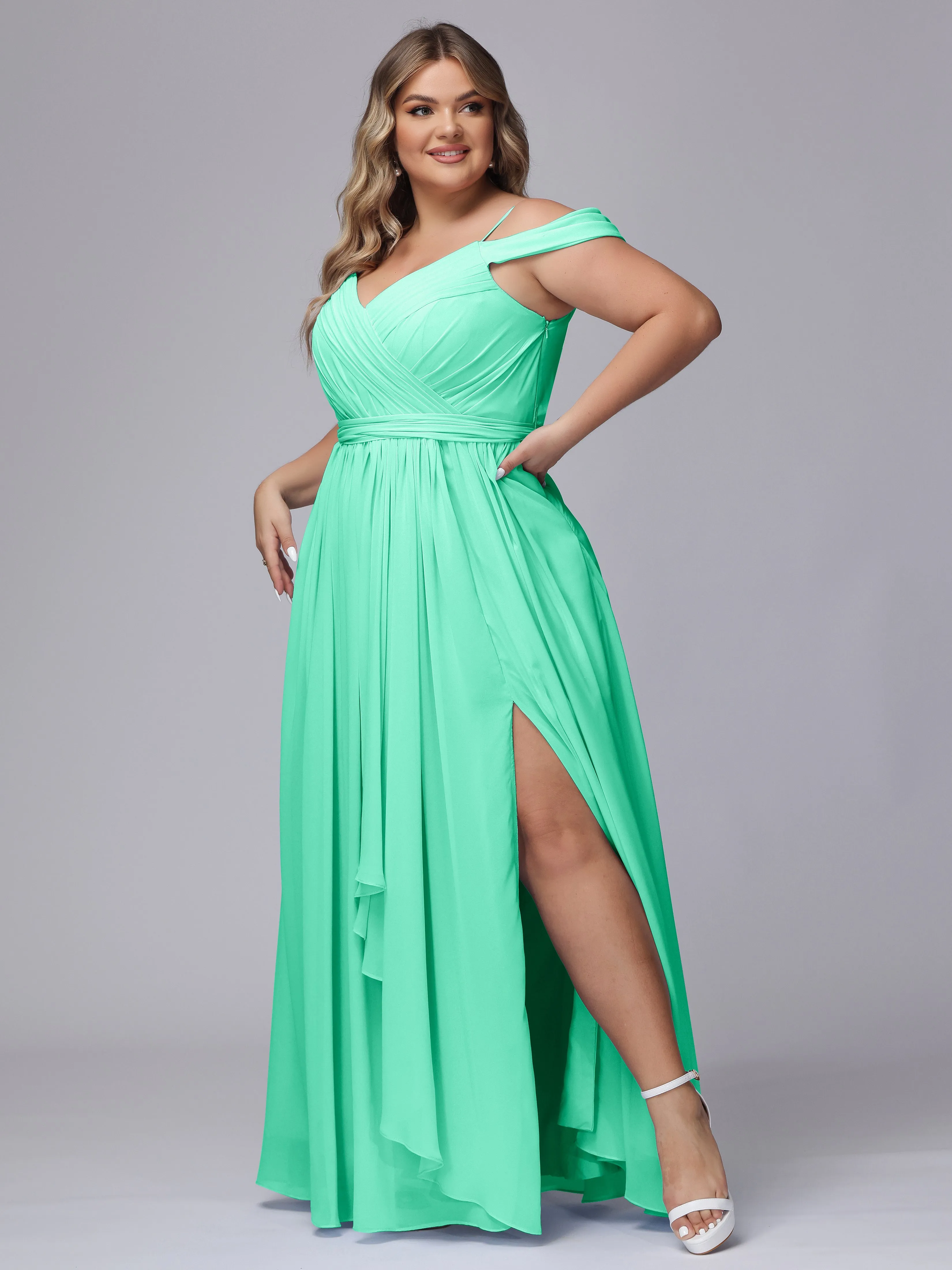 Off The Shoulder Chiffon Plus Size  Long Bridesmaid Dresses