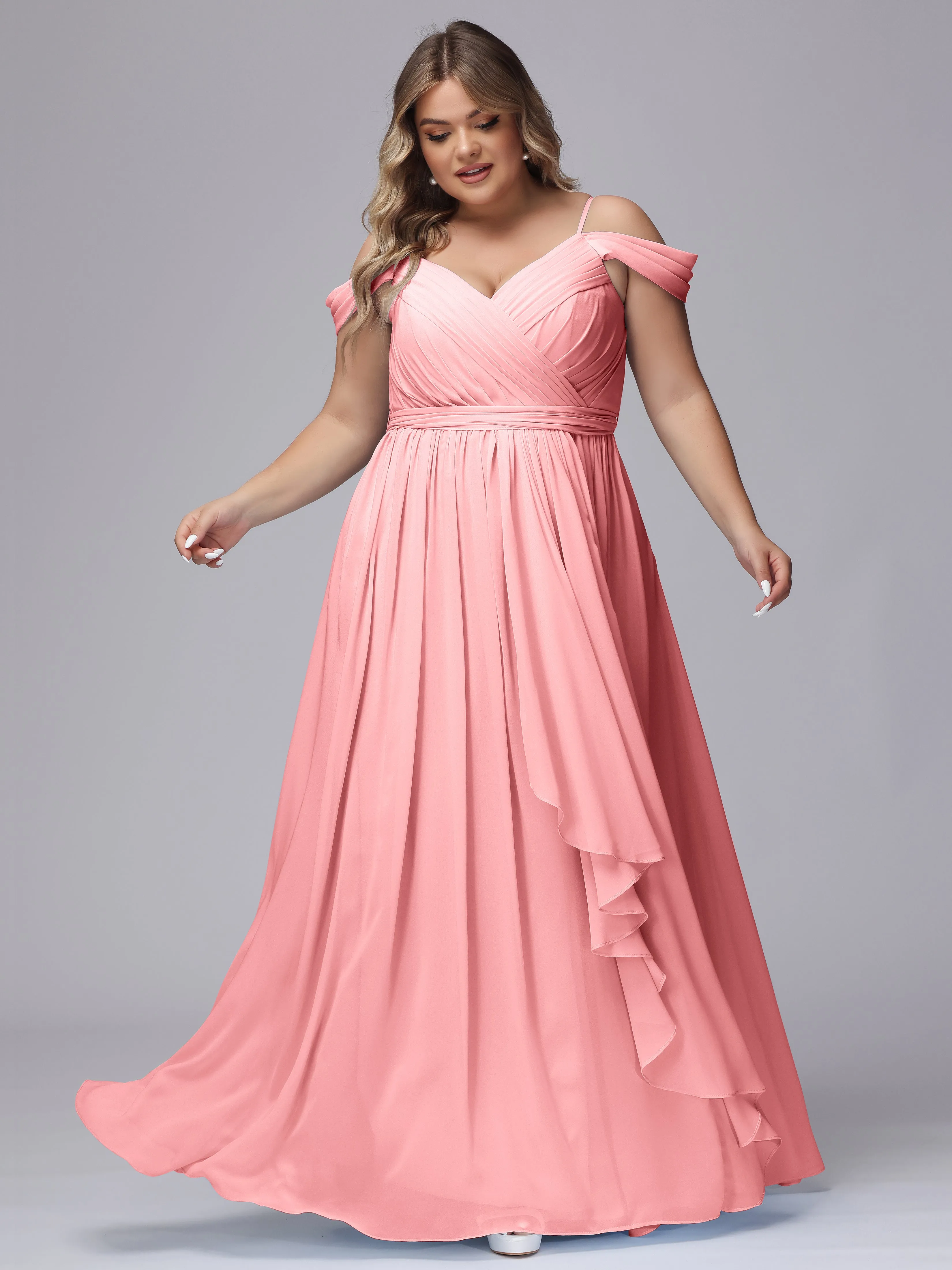 Off The Shoulder Chiffon Plus Size  Long Bridesmaid Dresses