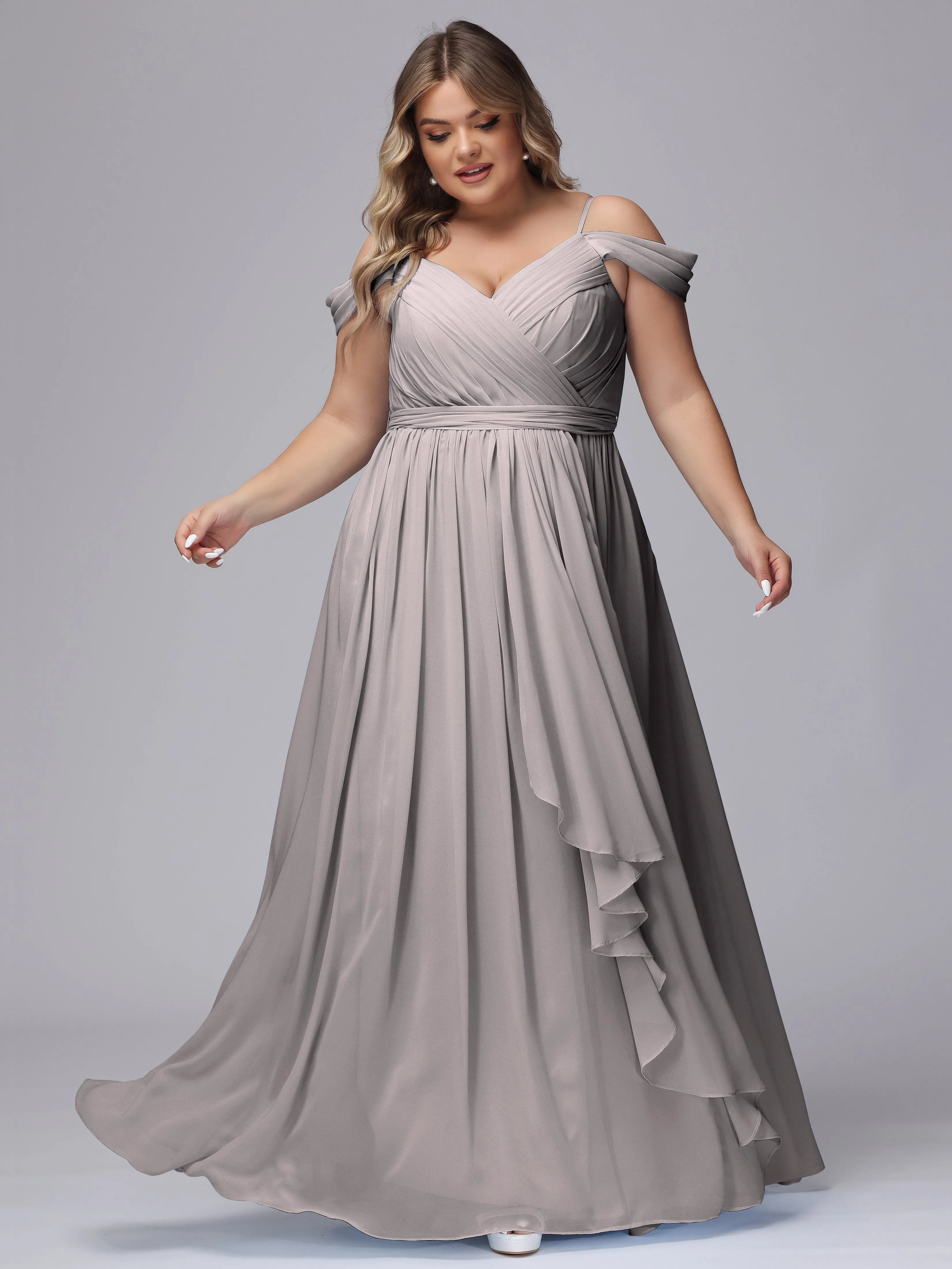 Off The Shoulder Chiffon Plus Size  Long Bridesmaid Dresses