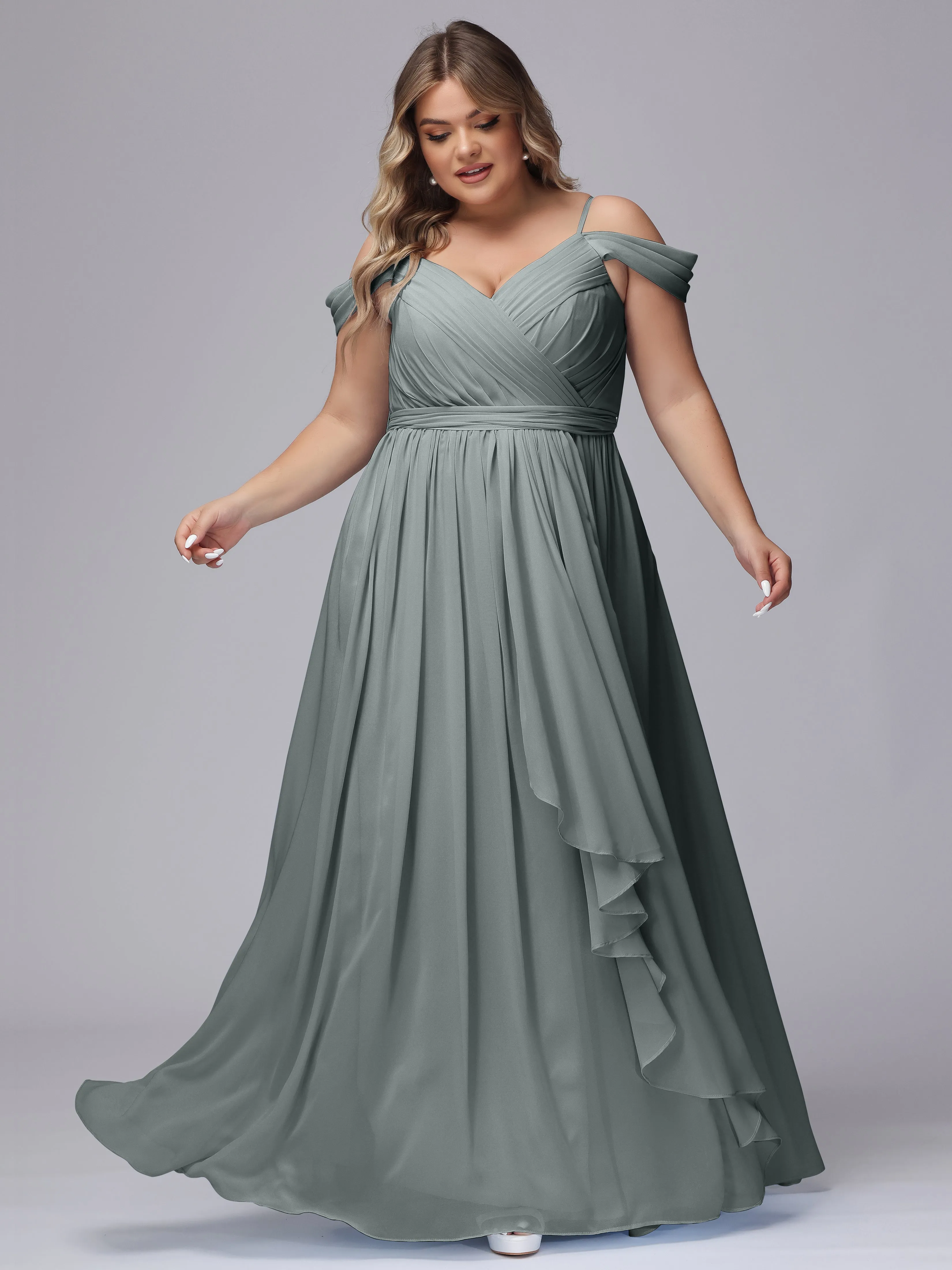 Off The Shoulder Chiffon Plus Size  Long Bridesmaid Dresses