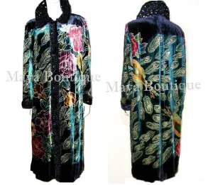 Opera Coat Duster Silk Velvet Black Multi Long S/M Maya Matazaro Art To Wear
